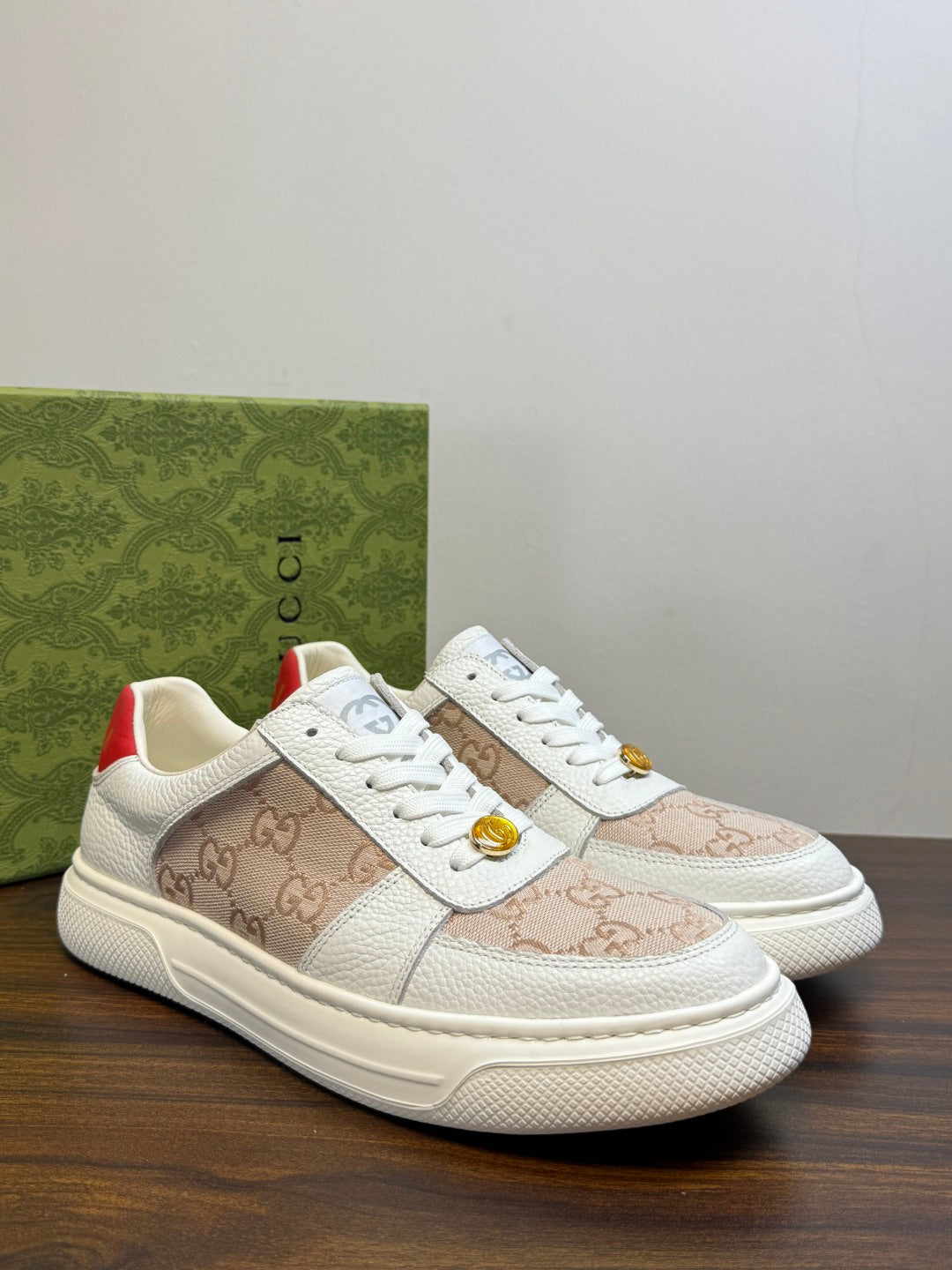 Gucci Ace White & Beige GG Sneakers | Signature Pattern, Gold-Tone Accents & Red Heel Detail
