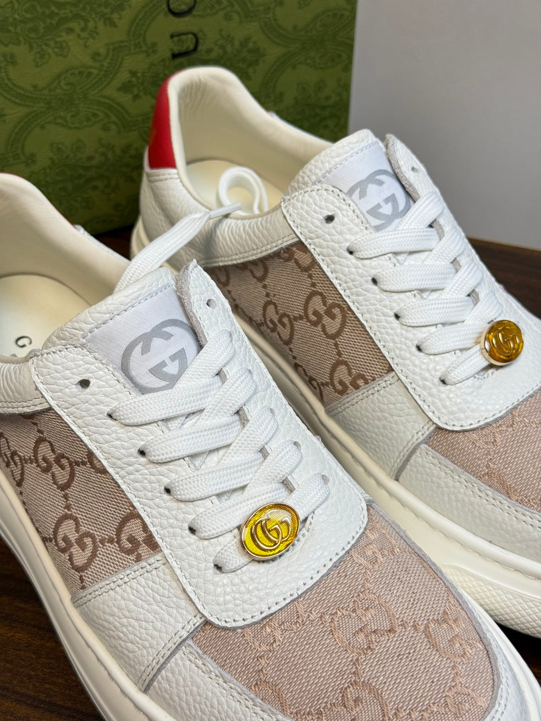 Gucci Ace White & Beige GG Sneakers | Signature Pattern, Gold-Tone Accents & Red Heel Detail