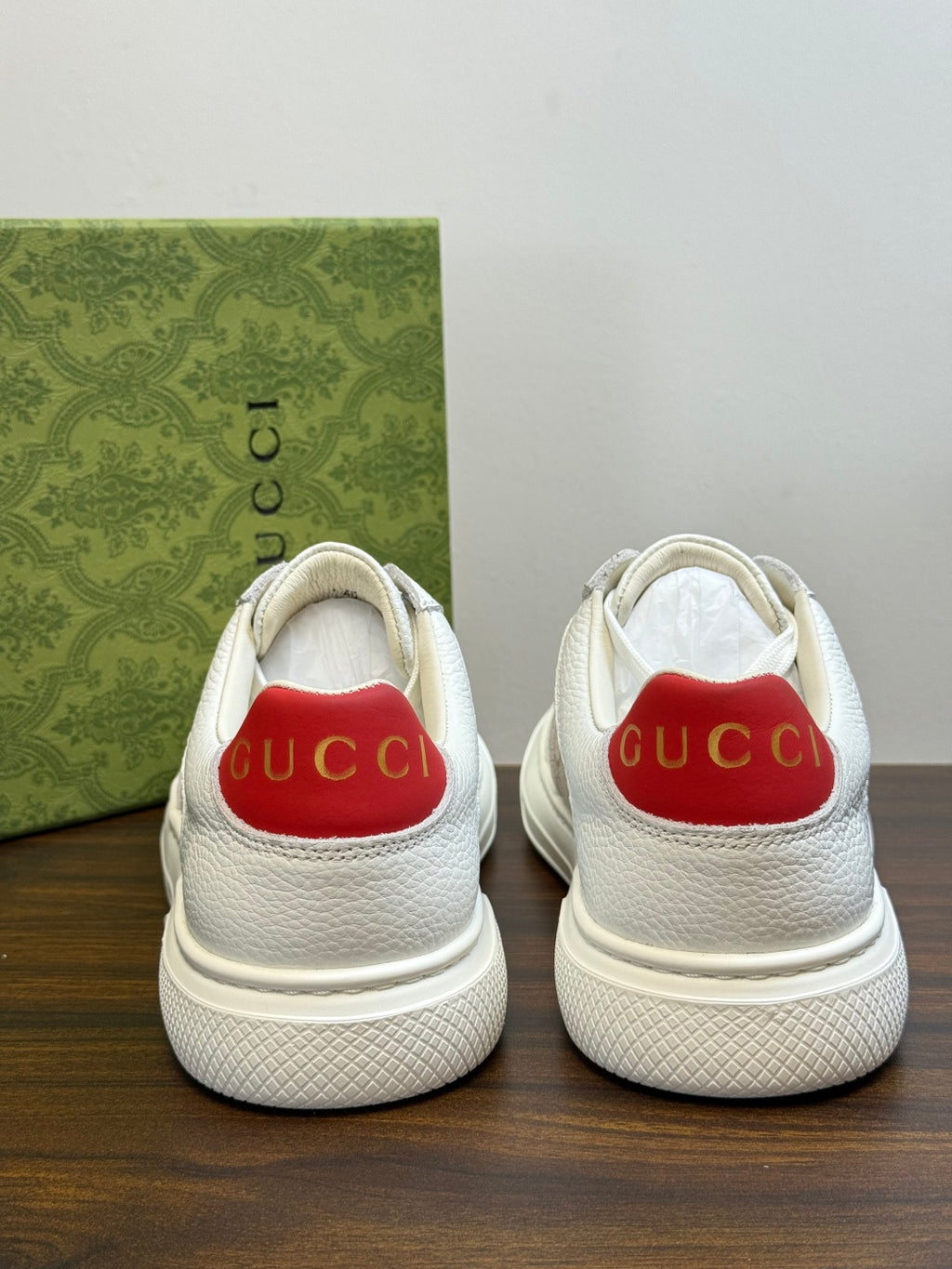 Gucci Ace White & Beige GG Sneakers | Signature Pattern, Gold-Tone Accents & Red Heel Detail