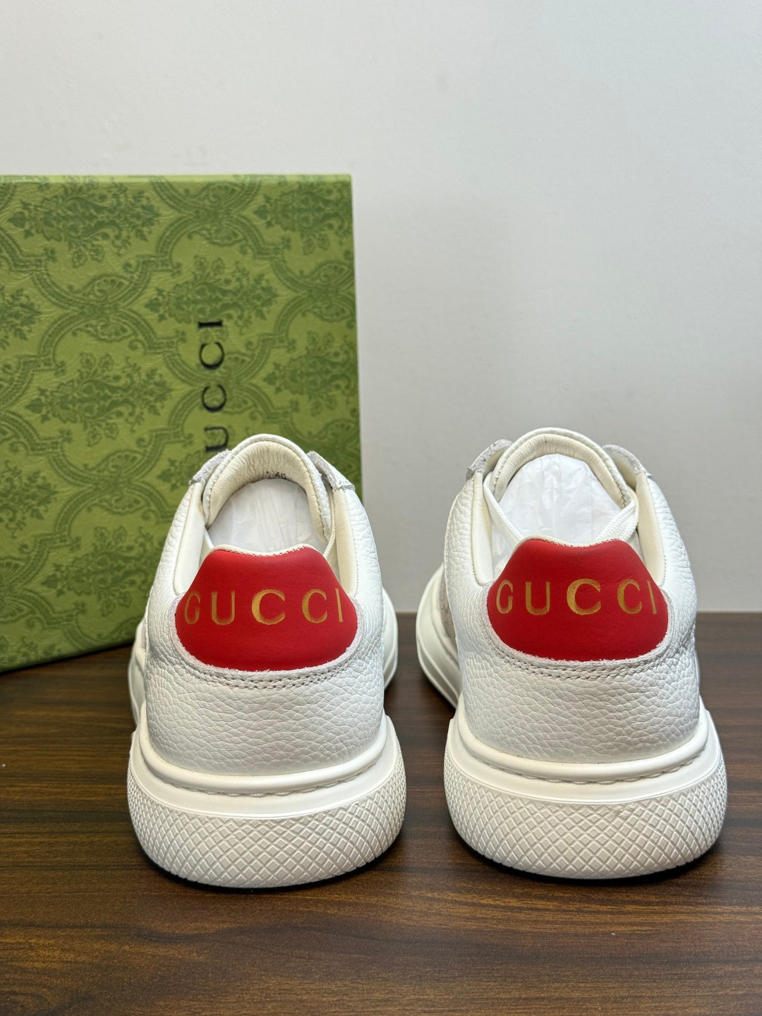 Gucci Ace White & Beige GG Sneakers | Signature Pattern, Gold-Tone Accents & Red Heel Detail