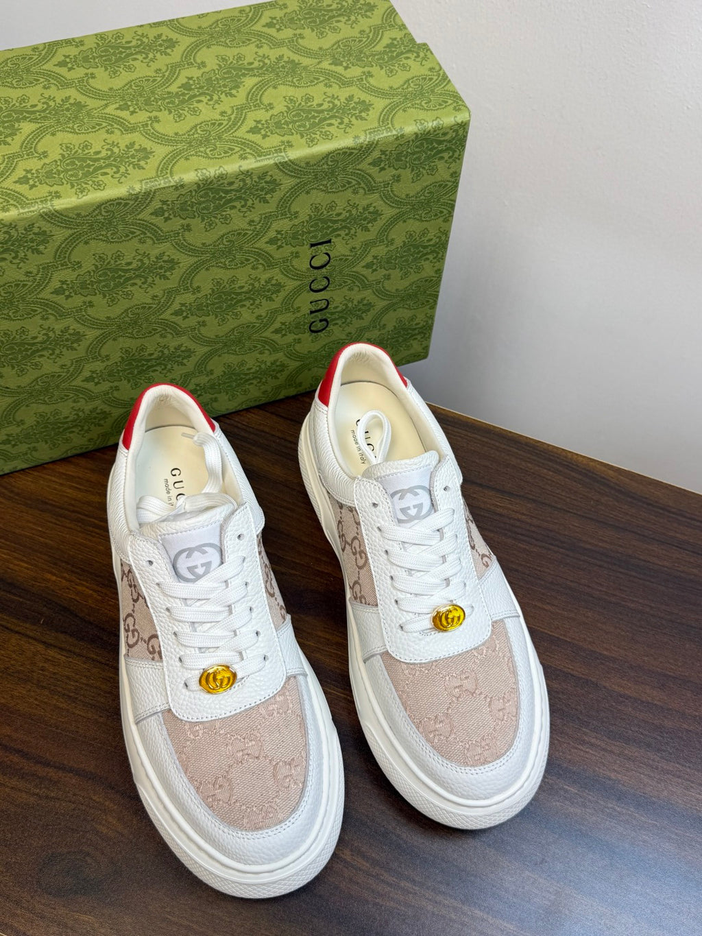 Gucci Ace White & Beige GG Sneakers | Signature Pattern, Gold-Tone Accents & Red Heel Detail