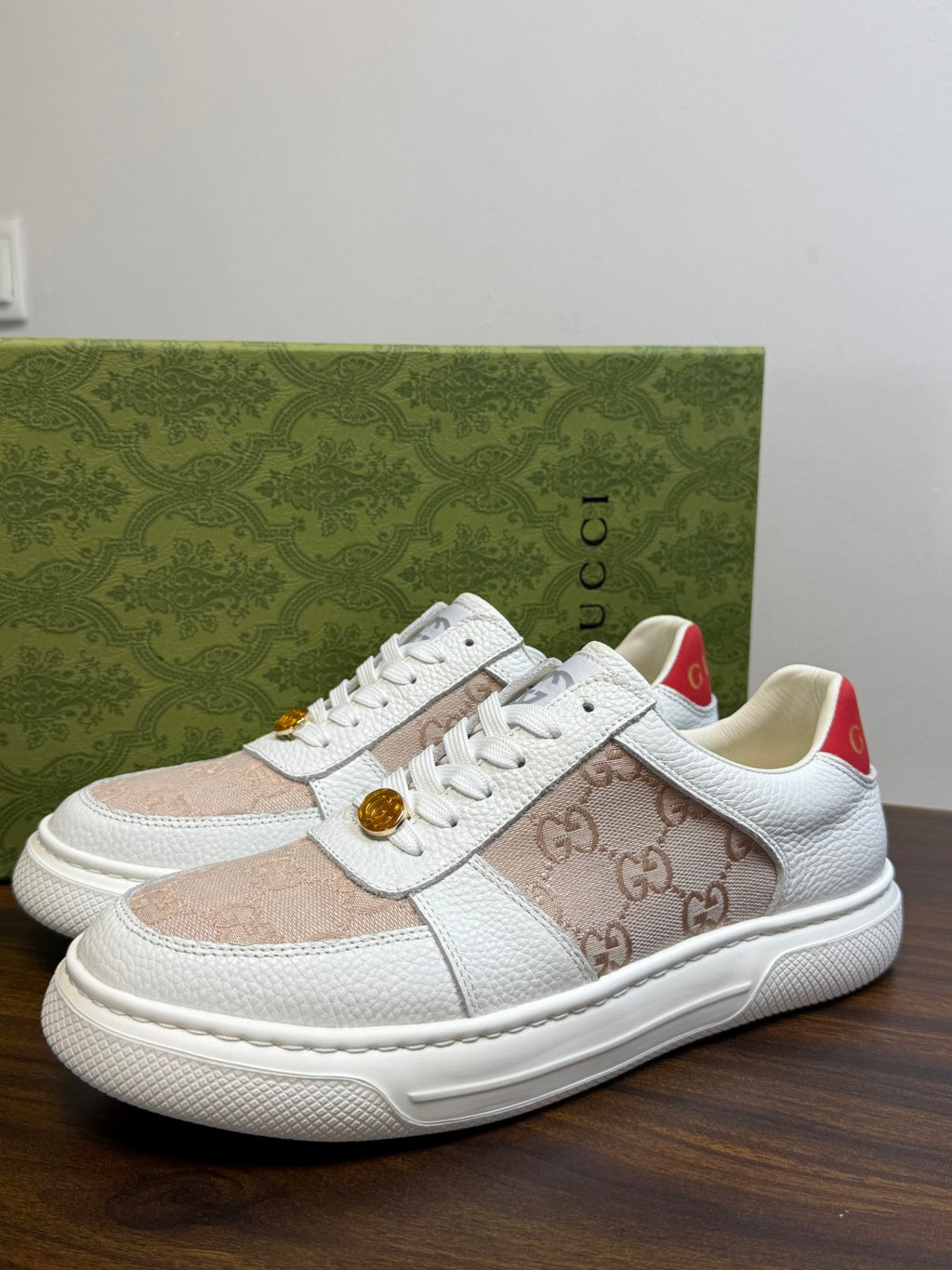 Gucci Ace White & Beige GG Sneakers | Signature Pattern, Gold-Tone Accents & Red Heel Detail