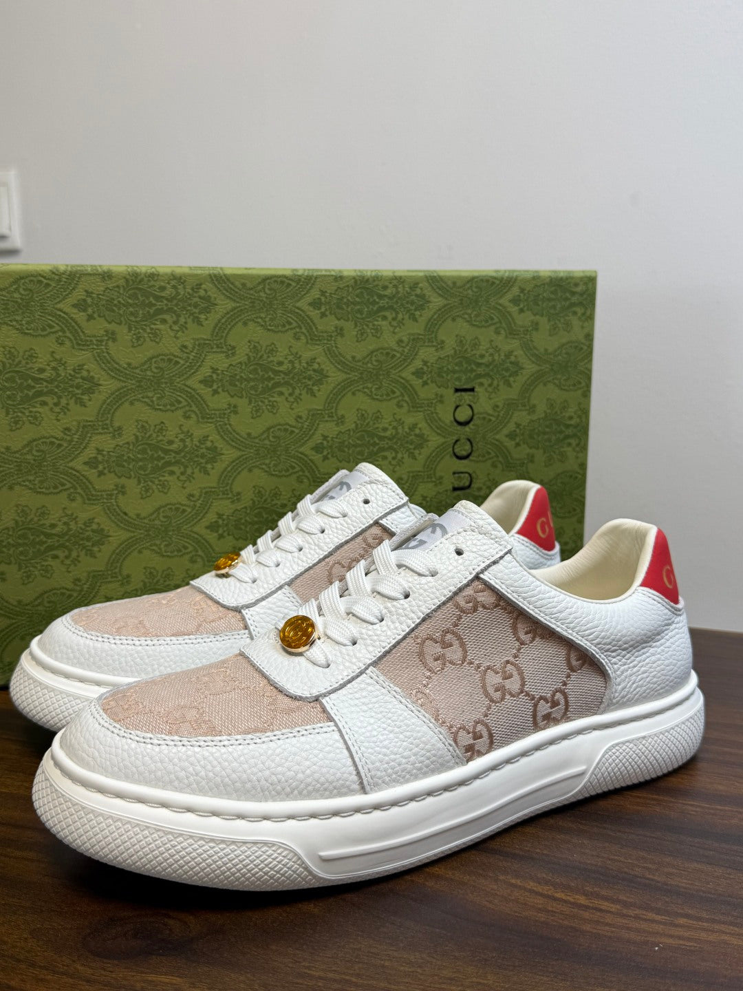 Gucci Ace White & Beige GG Sneakers | Signature Pattern, Gold-Tone Accents & Red Heel Detail