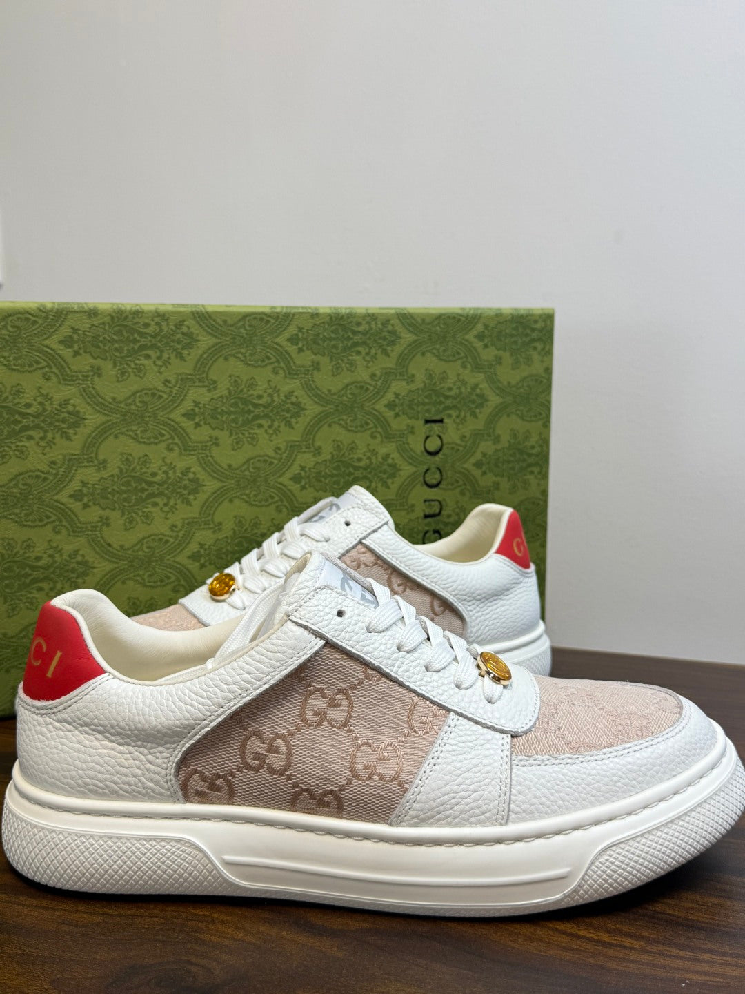 Gucci Ace White & Beige GG Sneakers | Signature Pattern, Gold-Tone Accents & Red Heel Detail