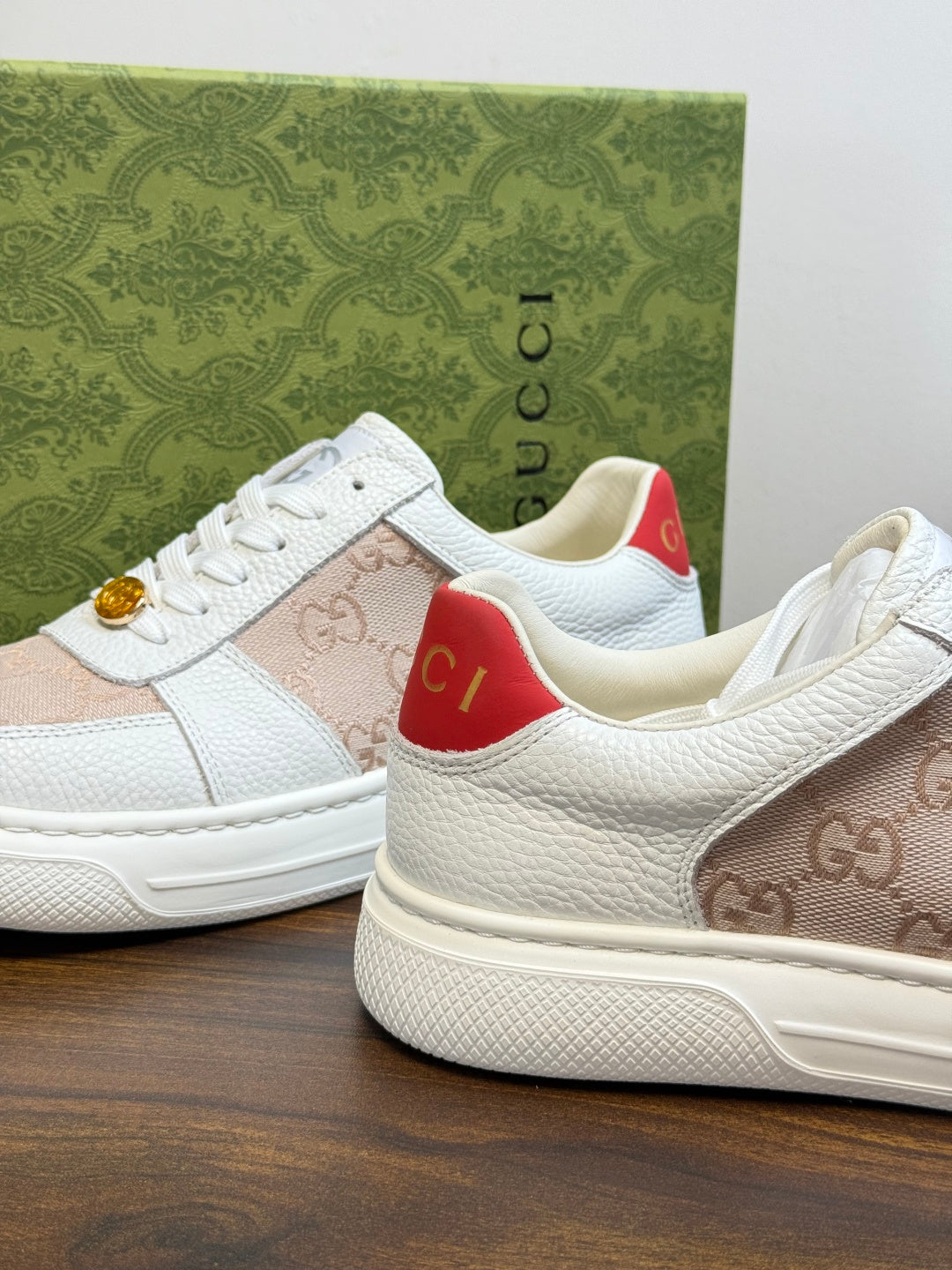 Gucci Ace White & Beige GG Sneakers | Signature Pattern, Gold-Tone Accents & Red Heel Detail