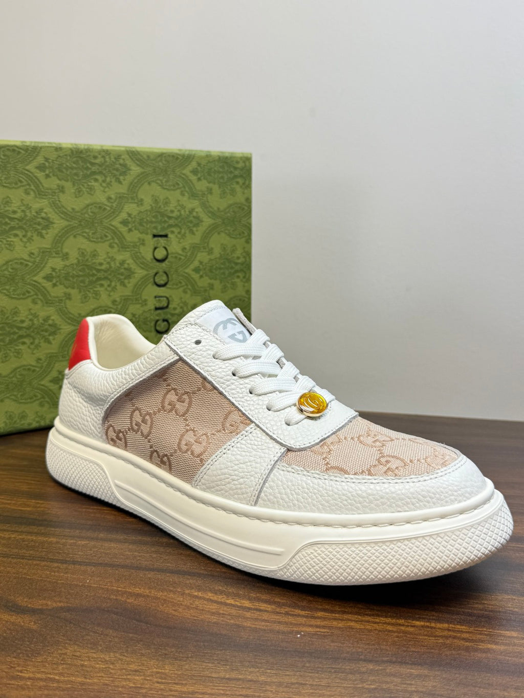 Gucci Ace White & Beige GG Sneakers | Signature Pattern, Gold-Tone Accents & Red Heel Detail