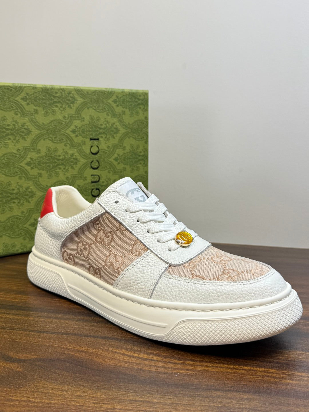 Gucci Ace White & Beige GG Sneakers | Signature Pattern, Gold-Tone Accents & Red Heel Detail