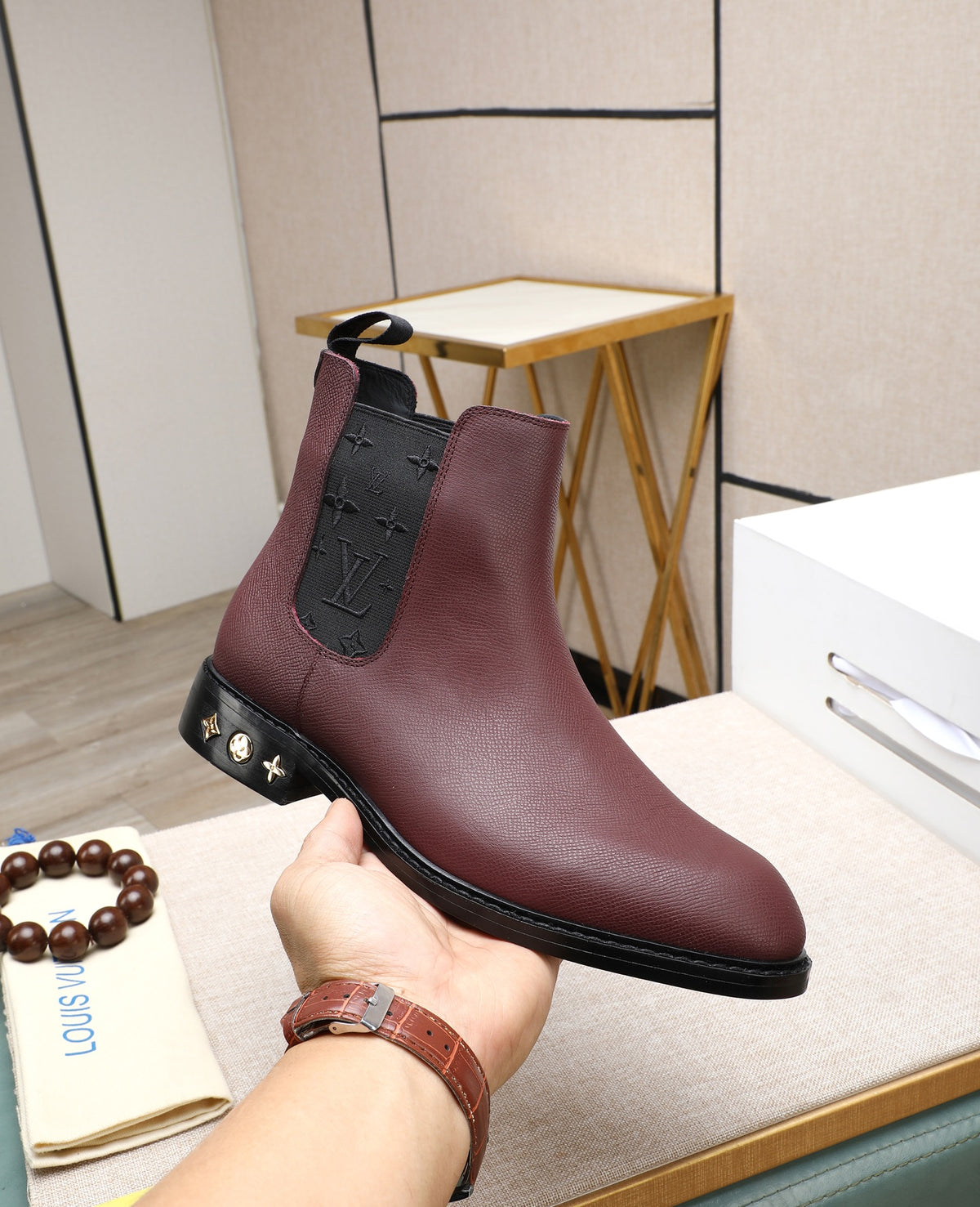 Burgundy Chelsea Boots | Vintage-Inspired Style, Black Contrast Panels & Decorative Heel