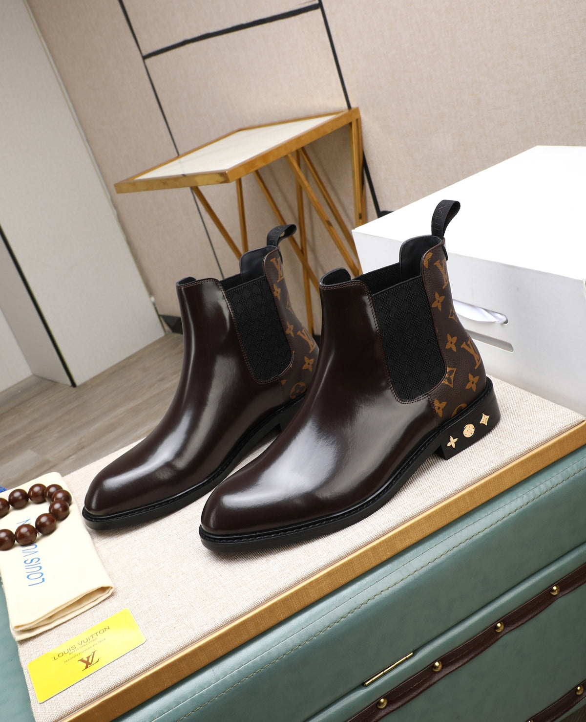 Dark Brown Chelsea Boots | Glossy Finish, Patterned Panels & Decorative Heel