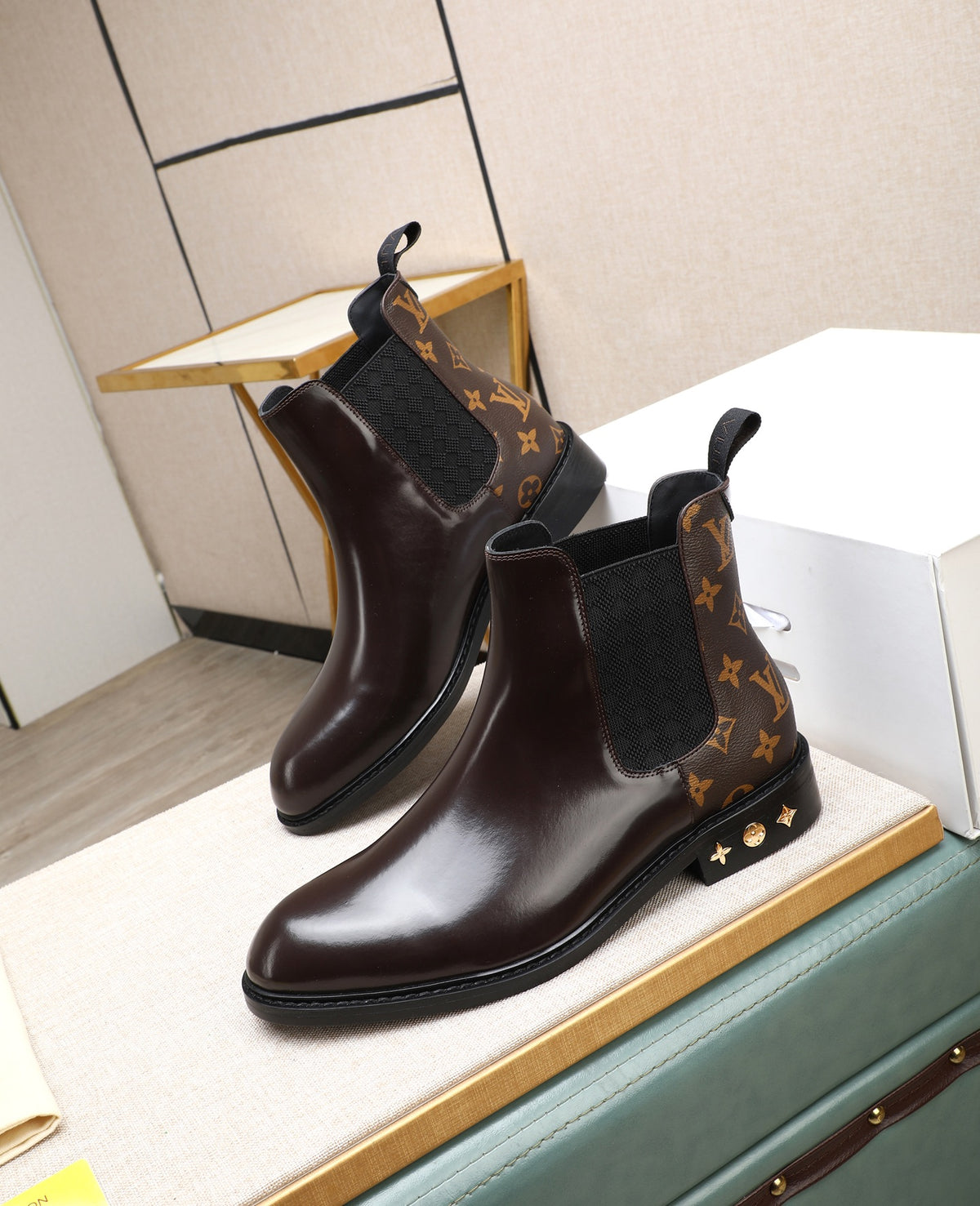 Dark Brown Chelsea Boots | Glossy Finish, Patterned Panels & Decorative Heel