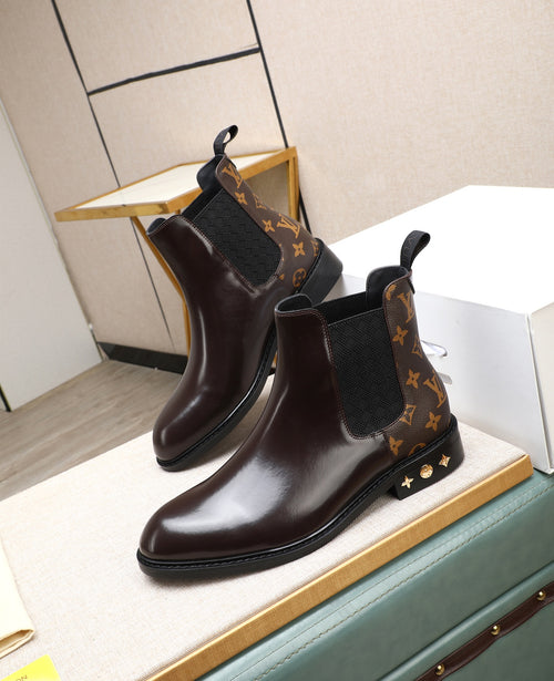 Dark Brown Chelsea Boots | Glossy Finish, Patterned Panels & Decorative Heel