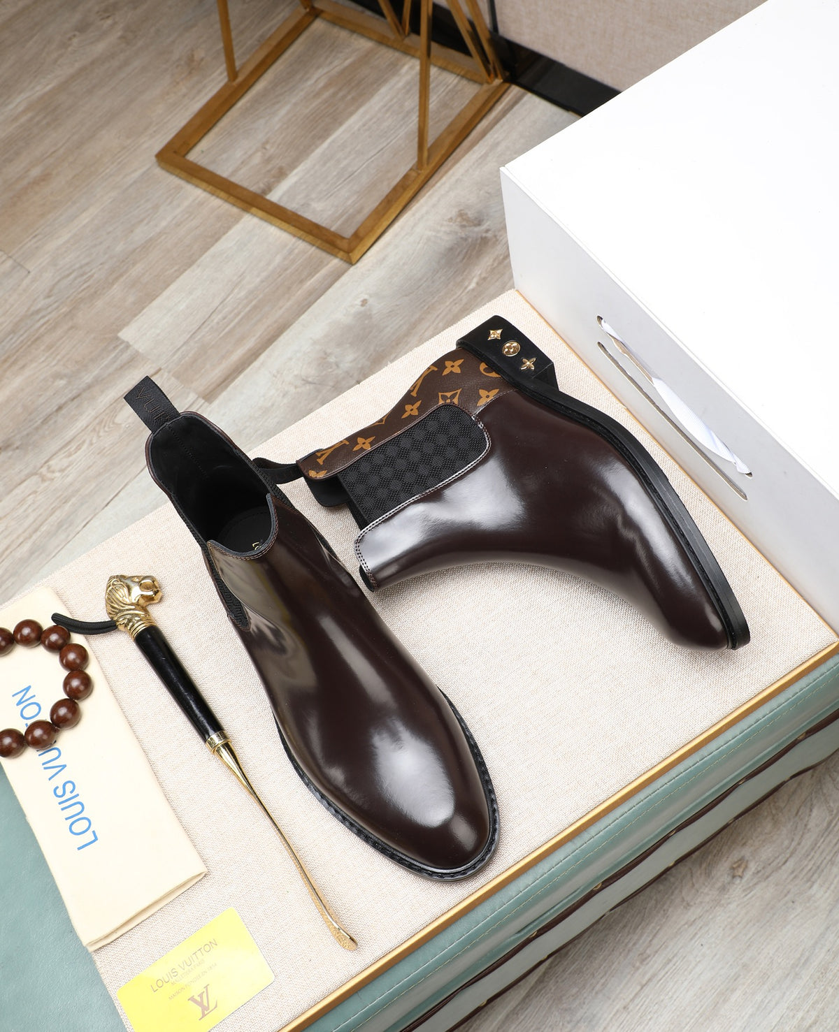 Dark Brown Chelsea Boots | Glossy Finish, Patterned Panels & Decorative Heel