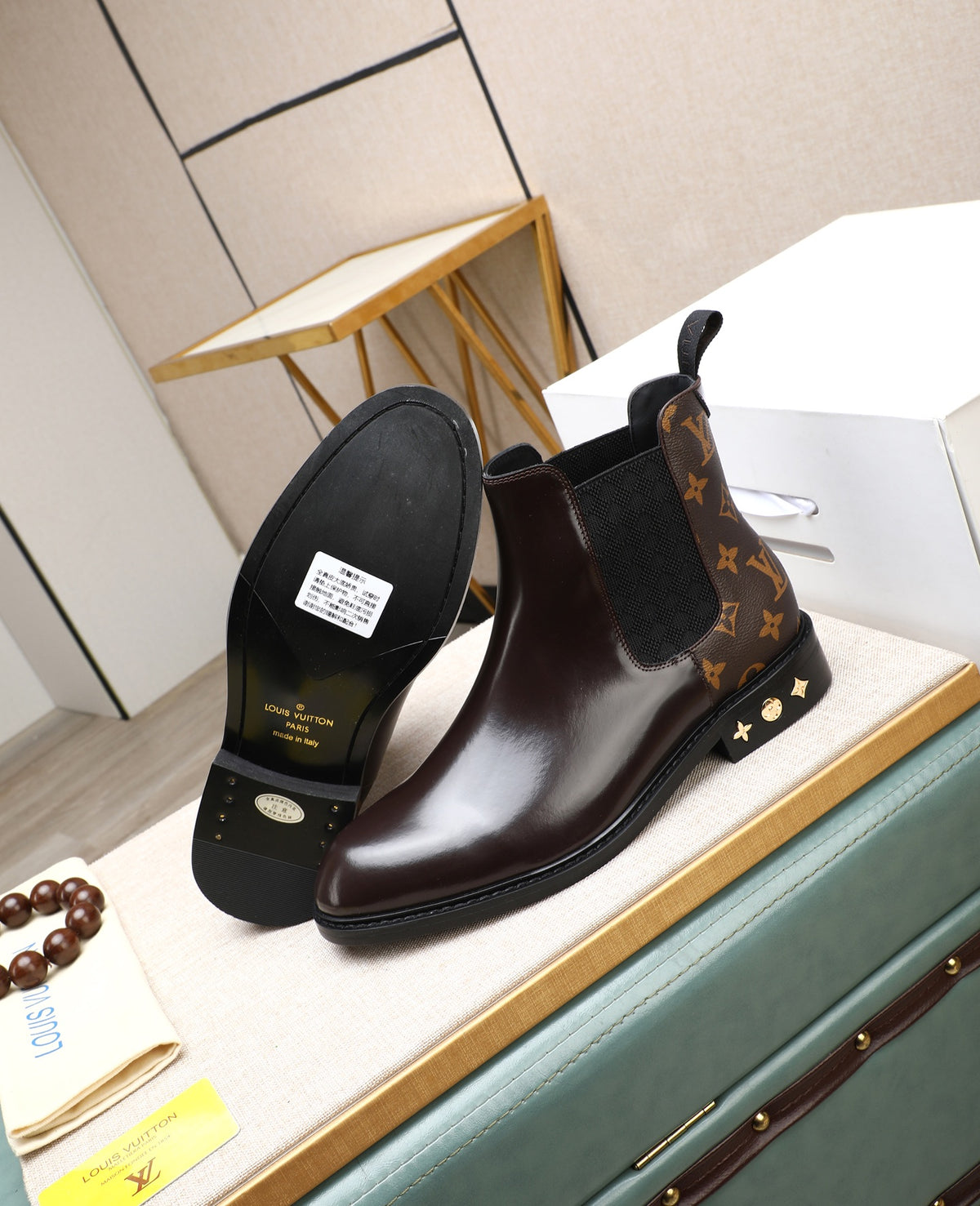 Dark Brown Chelsea Boots | Glossy Finish, Patterned Panels & Decorative Heel