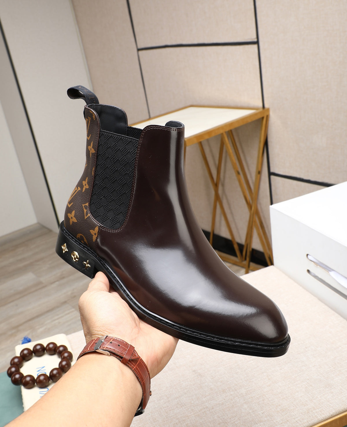 Dark Brown Chelsea Boots | Glossy Finish, Patterned Panels & Decorative Heel