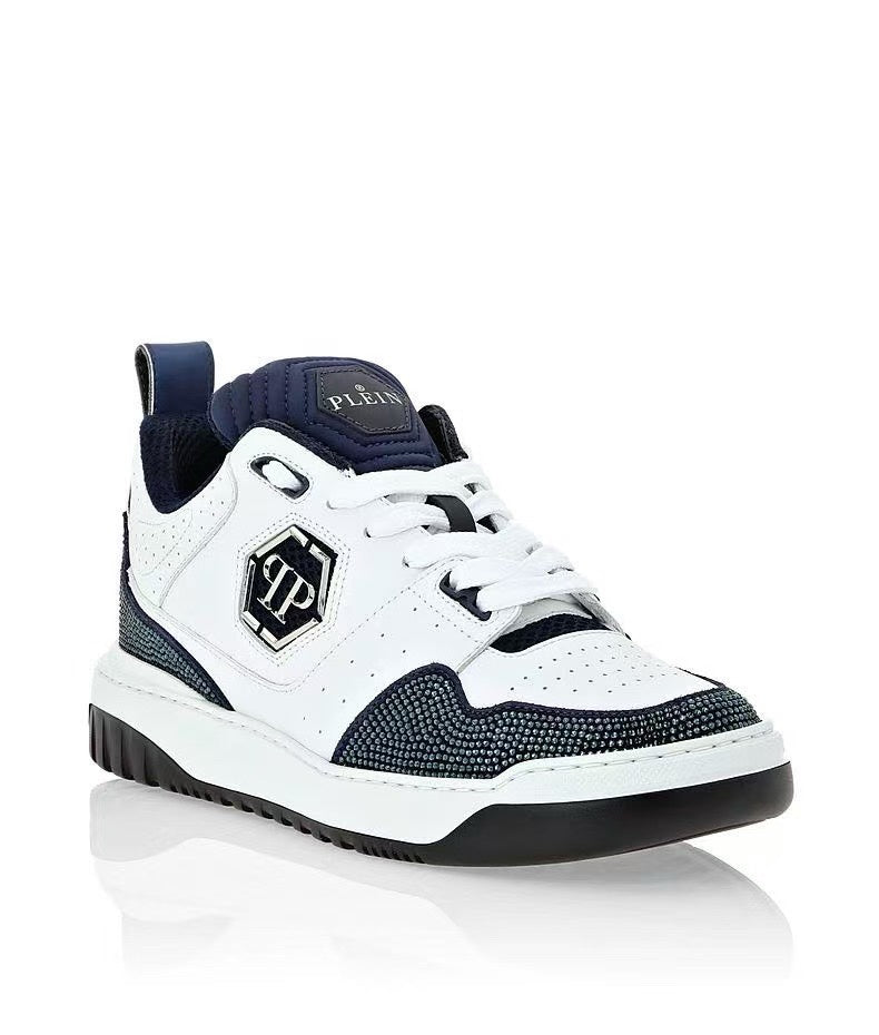 Philipp Plein White & Navy Sneakers | Sparkling Toe Detail & Signature Side Emblem