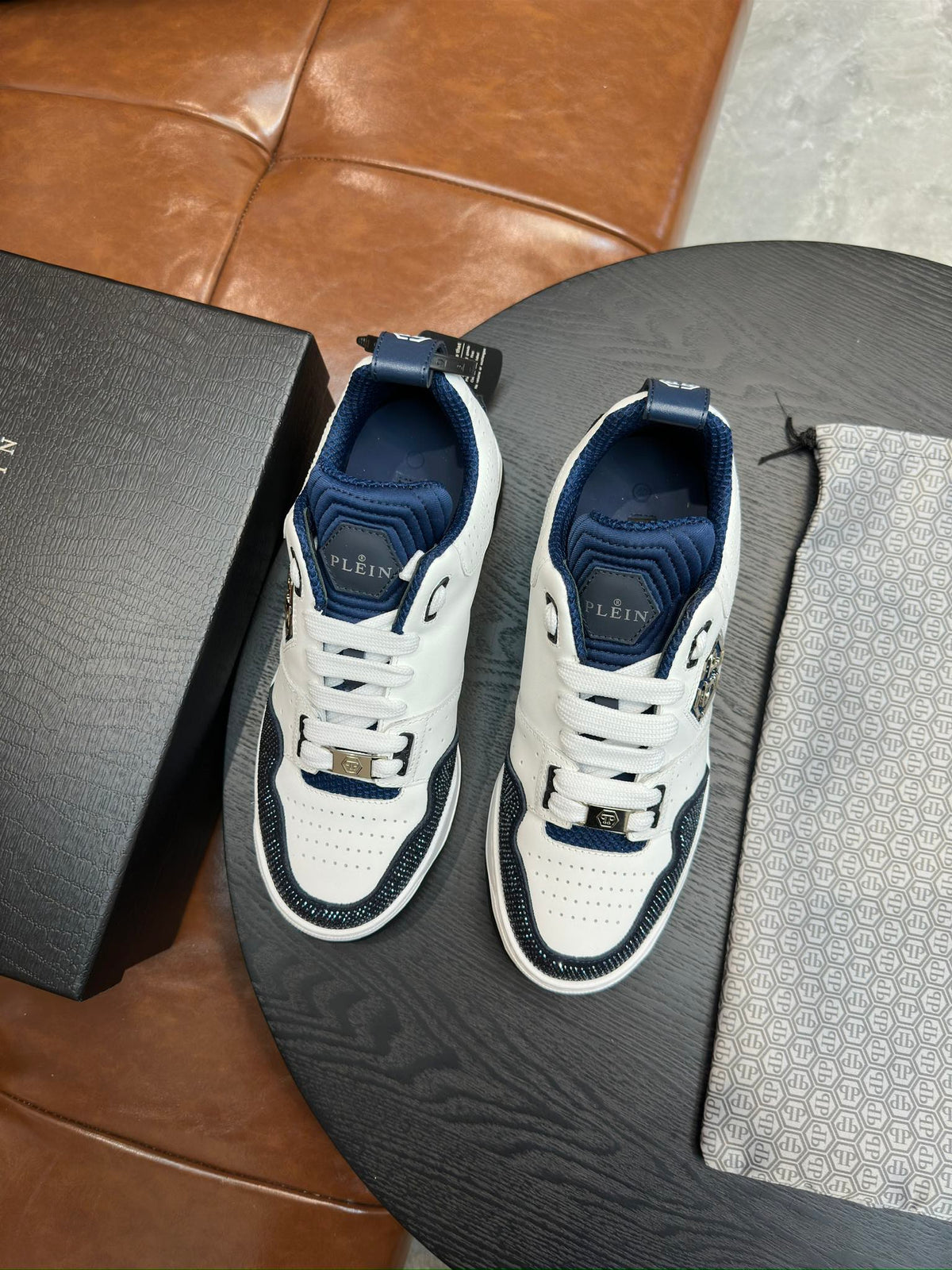 Philipp Plein White & Navy Sneakers | Sparkling Toe Detail & Signature Side Emblem