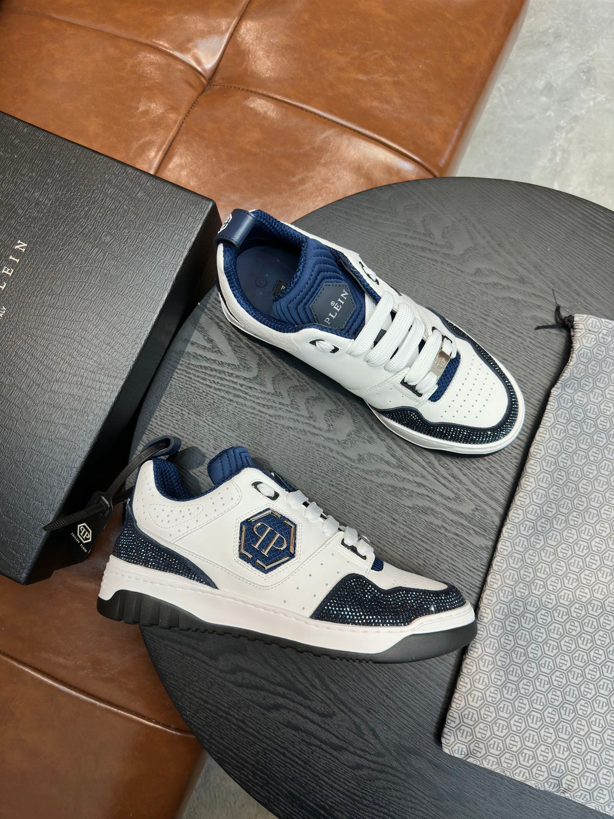 Philipp Plein White & Navy Sneakers | Sparkling Toe Detail & Signature Side Emblem