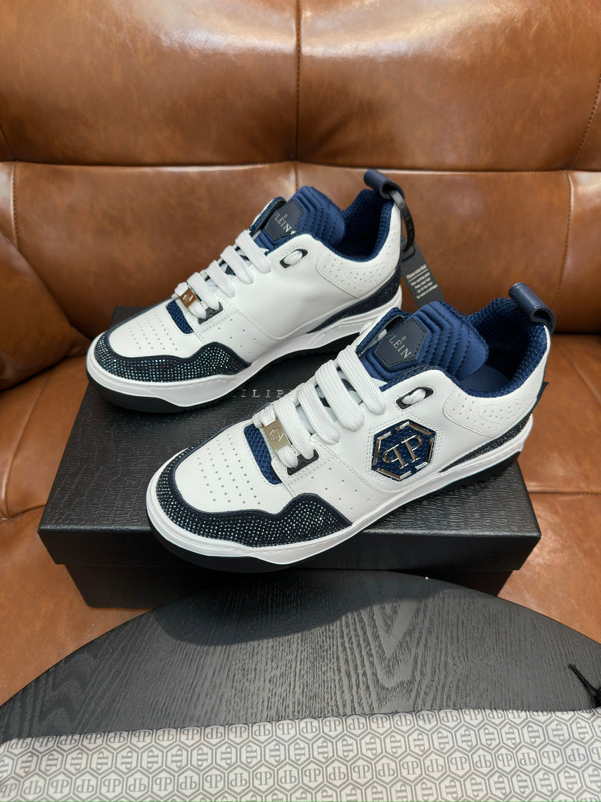Philipp Plein White & Navy Sneakers | Sparkling Toe Detail & Signature Side Emblem