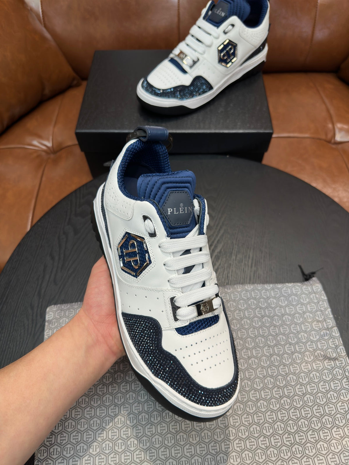 Philipp Plein White & Navy Sneakers | Sparkling Toe Detail & Signature Side Emblem