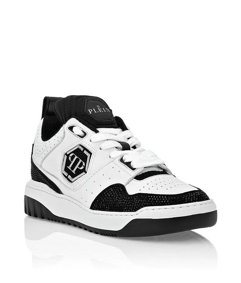 Philipp Plein Black & White Sneakers | Sparkling Toe Accents & Shield Emblem