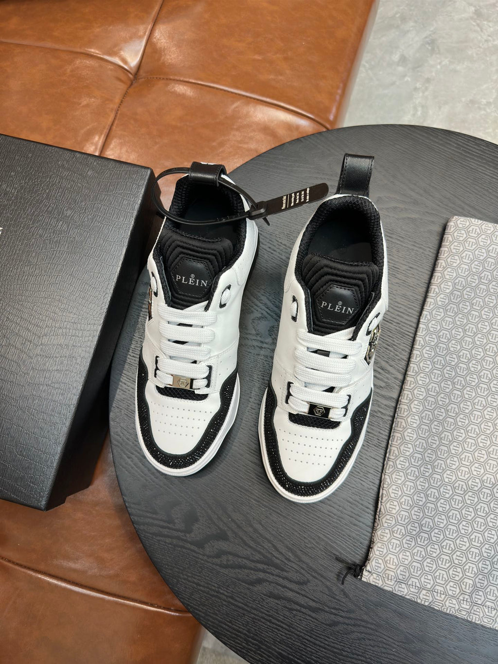 Philipp Plein Black & White Sneakers | Sparkling Toe Accents & Shield Emblem