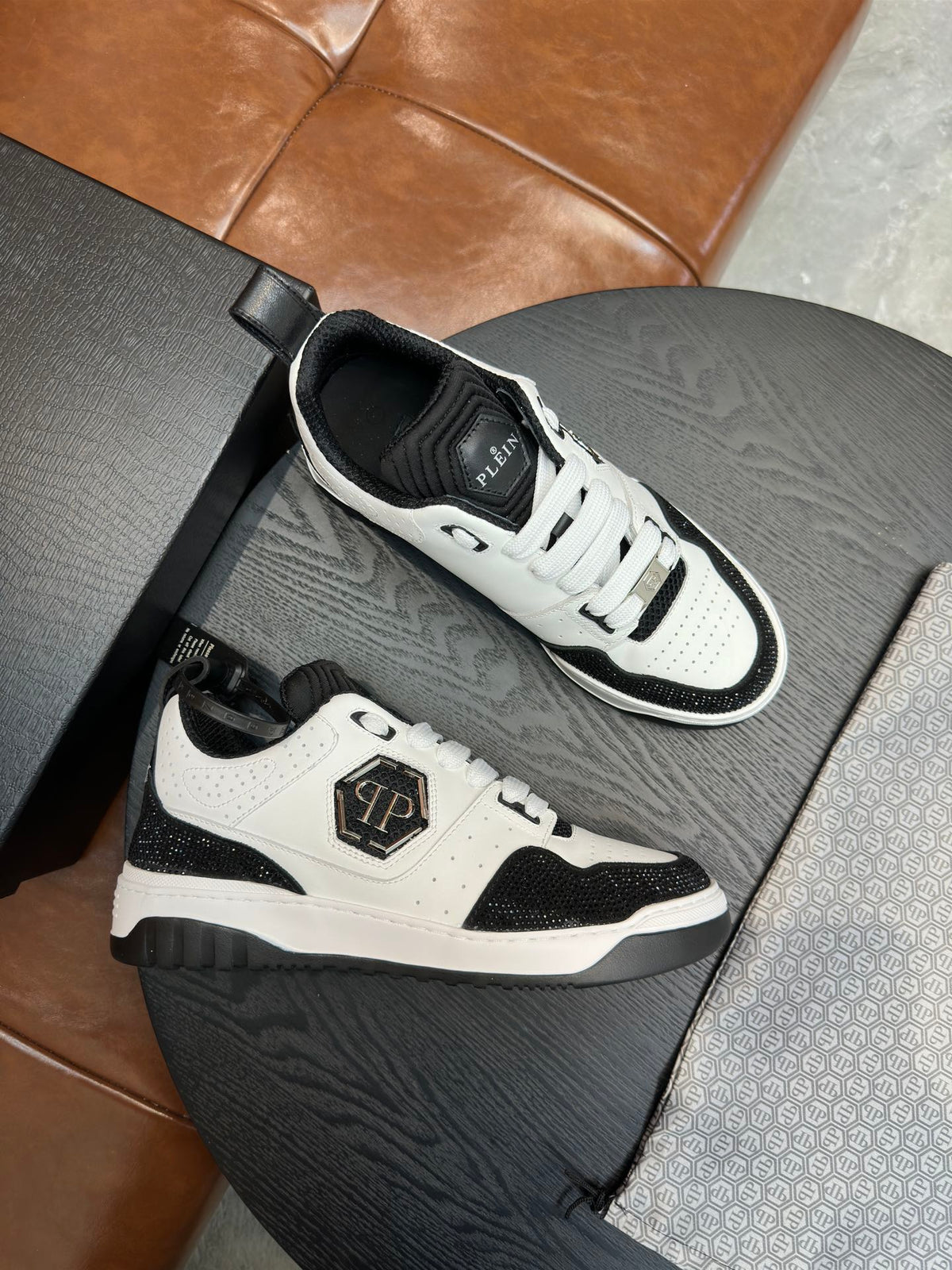 Philipp Plein Black & White Sneakers | Sparkling Toe Accents & Shield Emblem