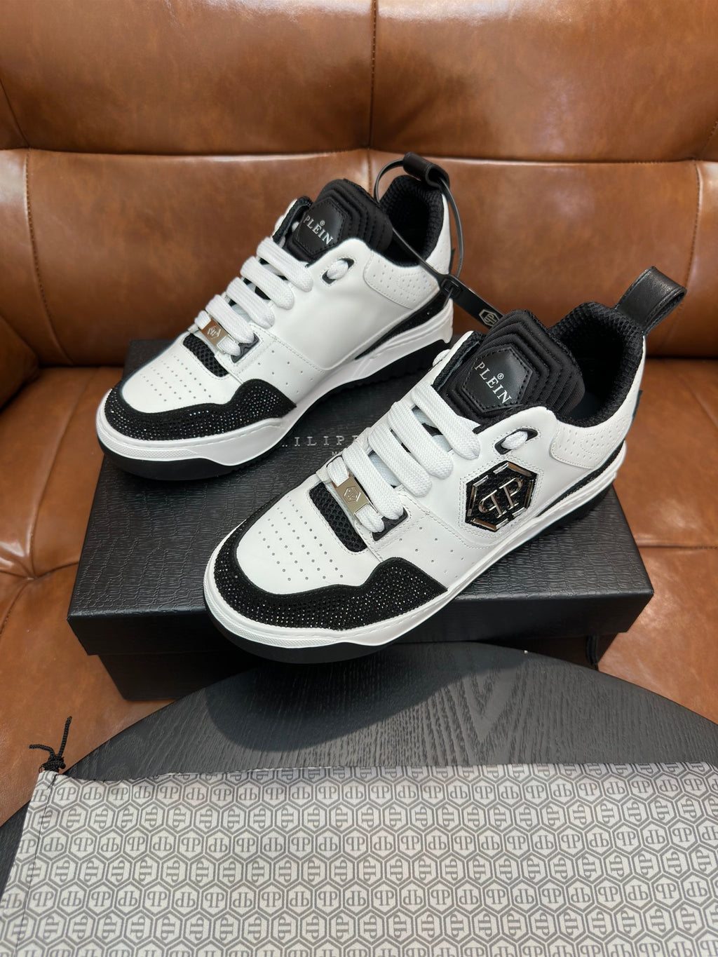 Philipp Plein Black & White Sneakers | Sparkling Toe Accents & Shield Emblem