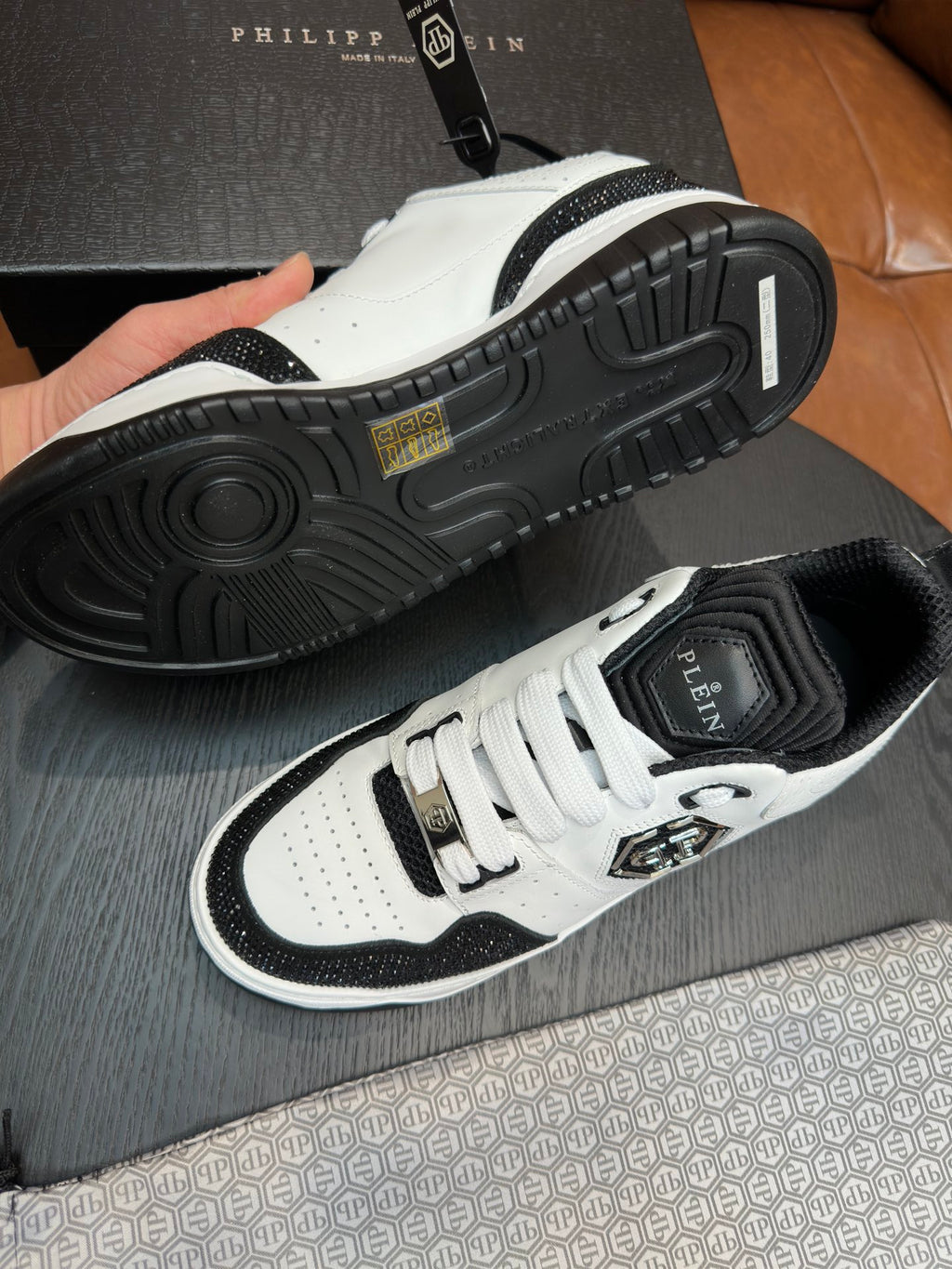 Philipp Plein Black & White Sneakers | Sparkling Toe Accents & Shield Emblem