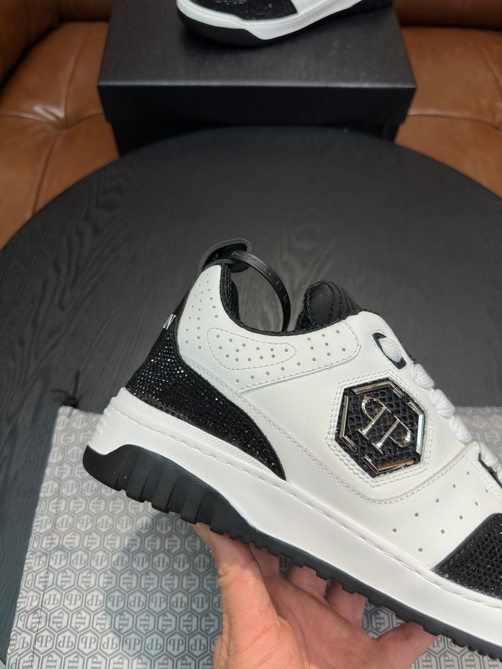 Philipp Plein Black & White Sneakers | Sparkling Toe Accents & Shield Emblem