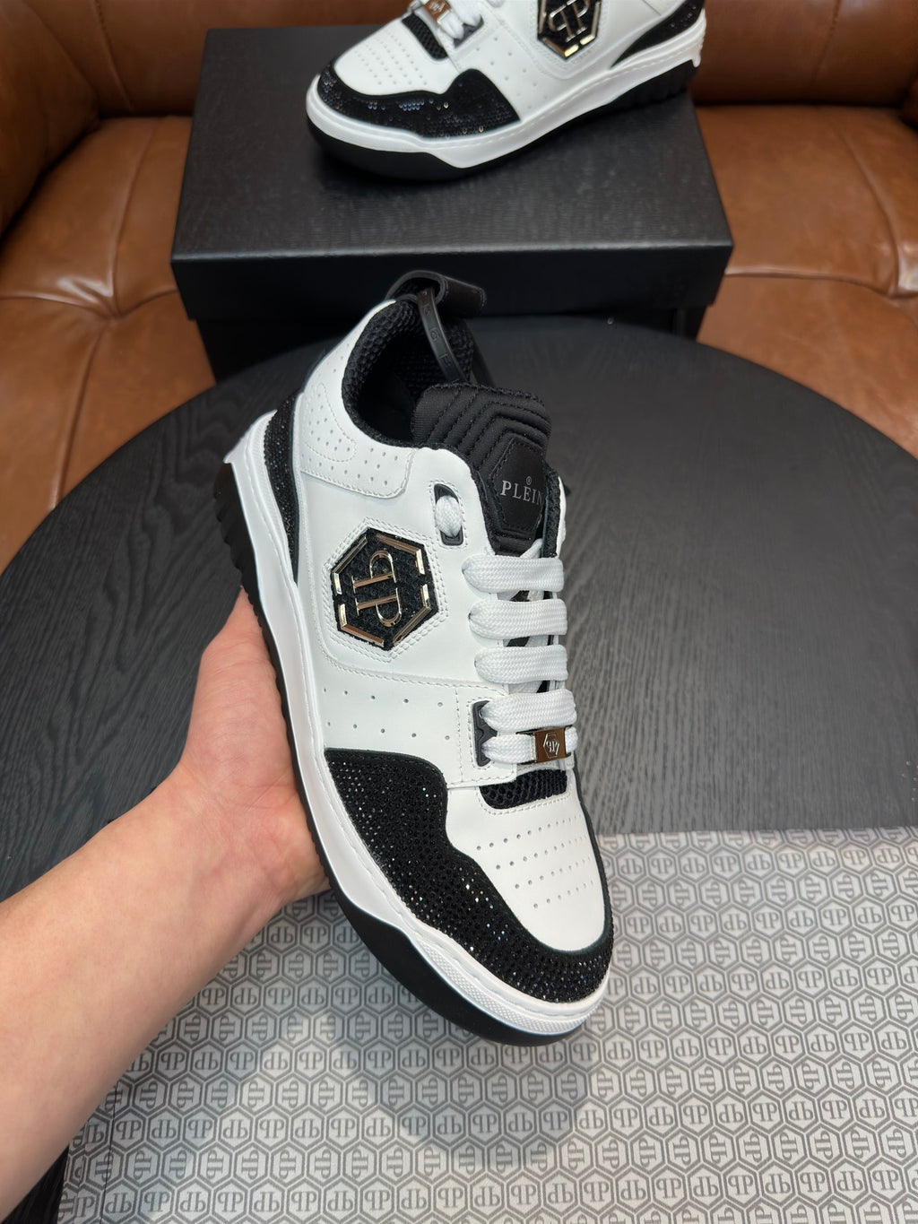 Philipp Plein Black & White Sneakers | Sparkling Toe Accents & Shield Emblem