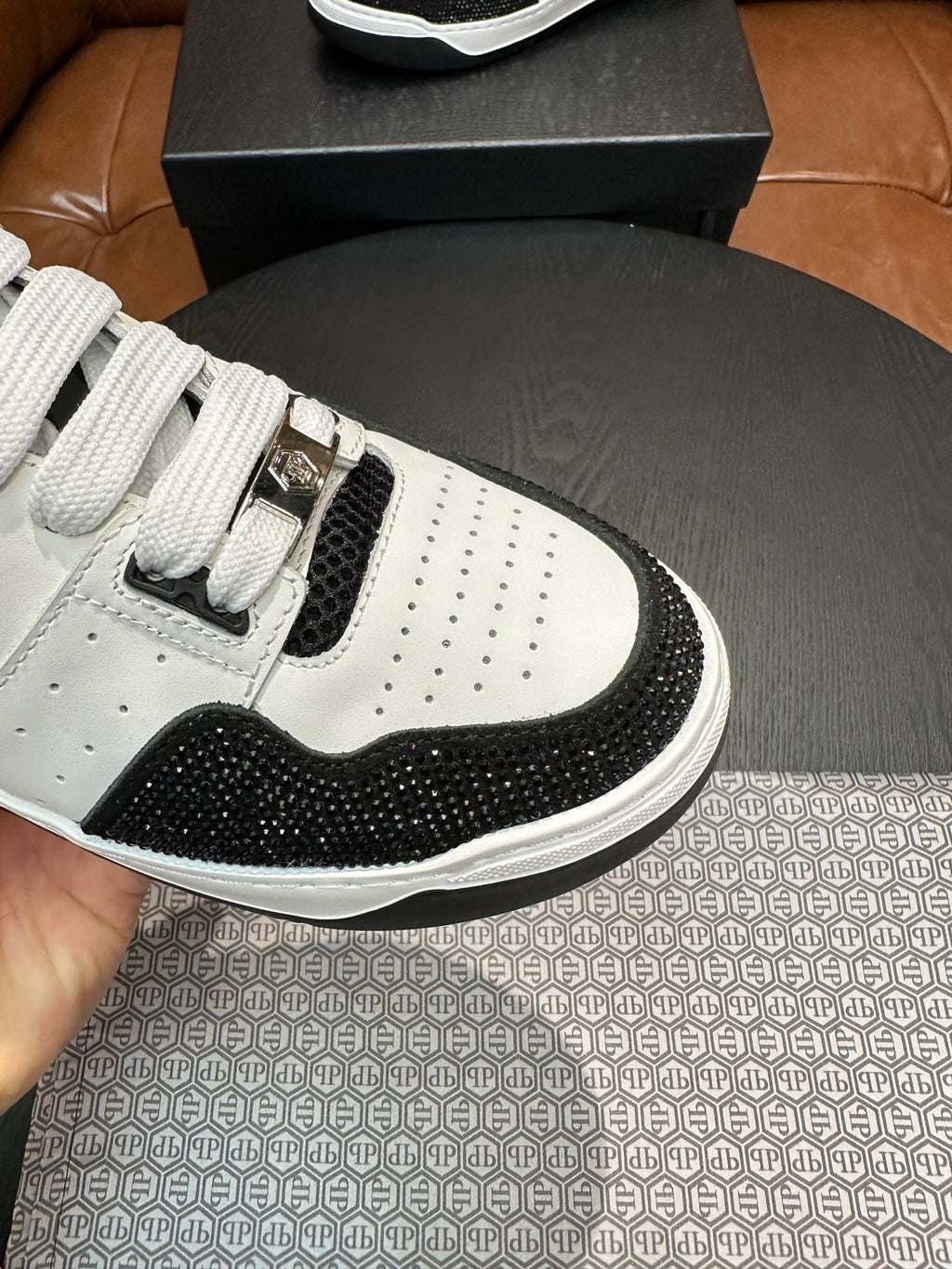 Philipp Plein Black & White Sneakers | Sparkling Toe Accents & Shield Emblem