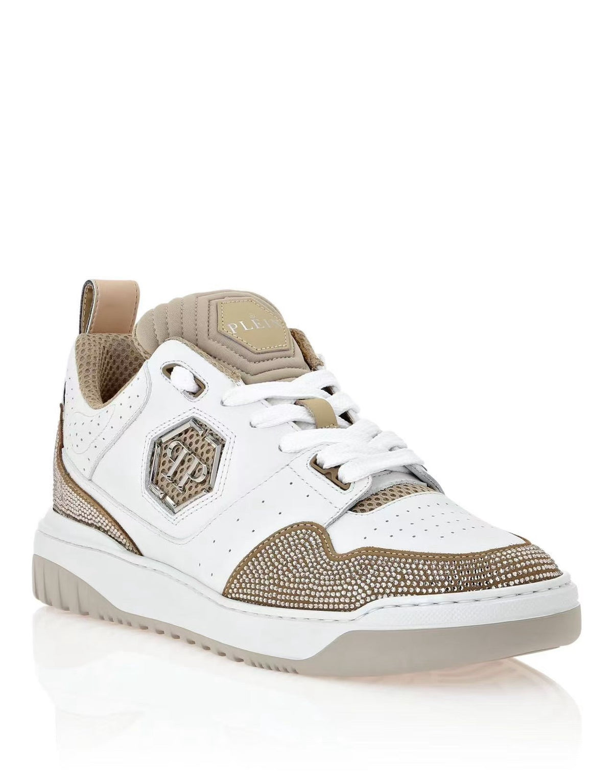 Philipp Plein White & Champagne Gold Sneakers | Sparkling Trim & Statement Emblem
