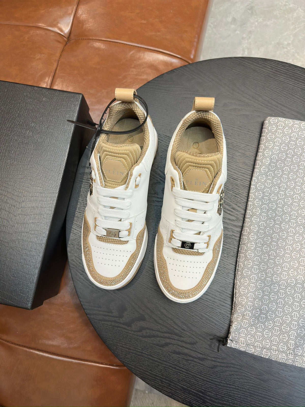 Philipp Plein White & Champagne Gold Sneakers | Sparkling Trim & Statement Emblem