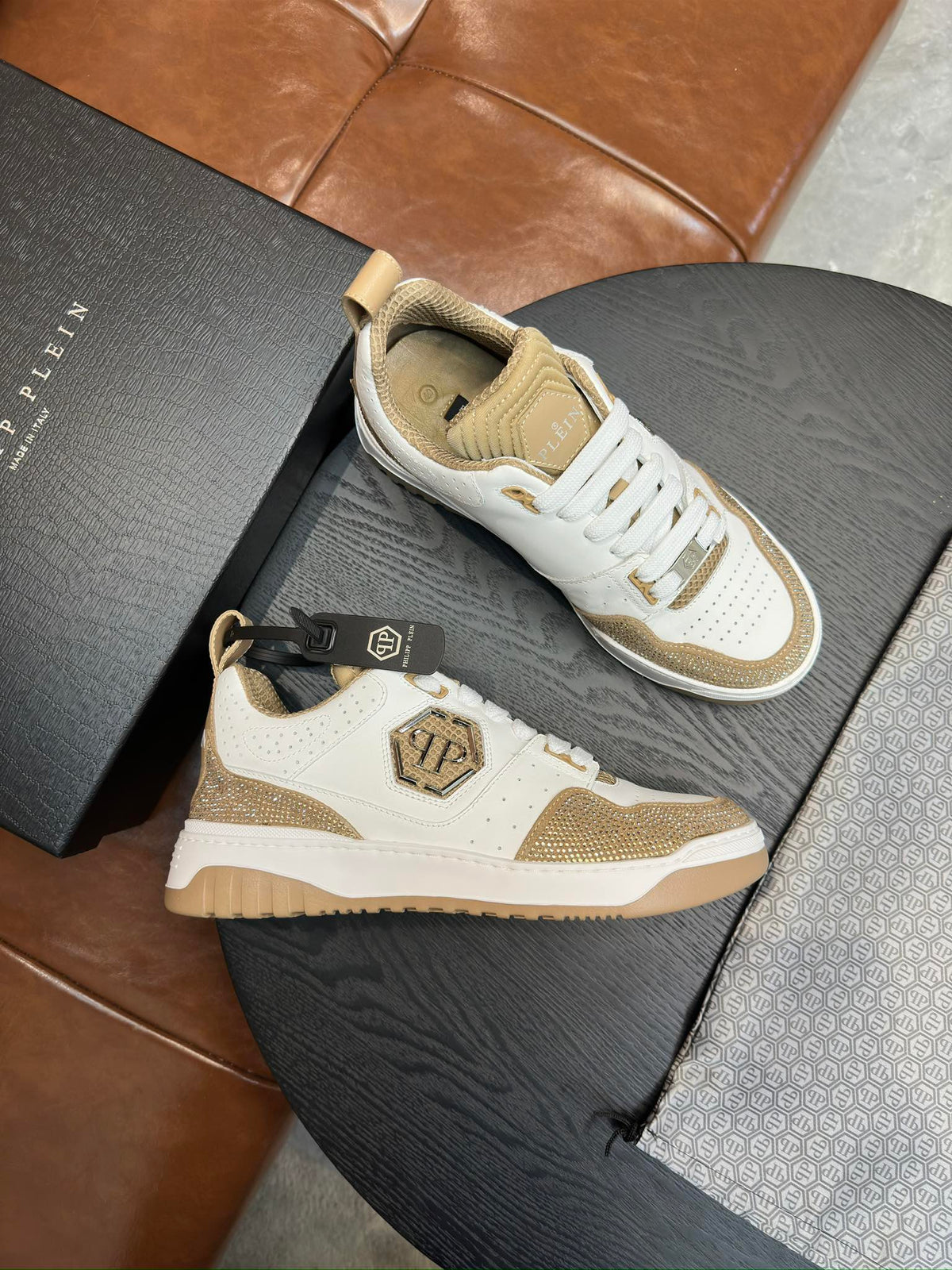 Philipp Plein White & Champagne Gold Sneakers | Sparkling Trim & Statement Emblem
