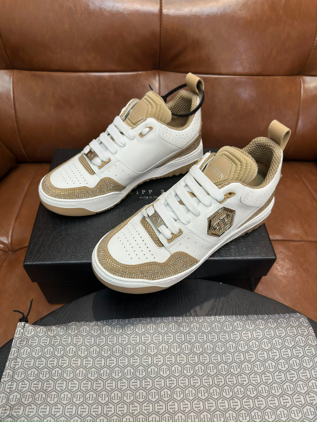 Philipp Plein White & Champagne Gold Sneakers | Sparkling Trim & Statement Emblem