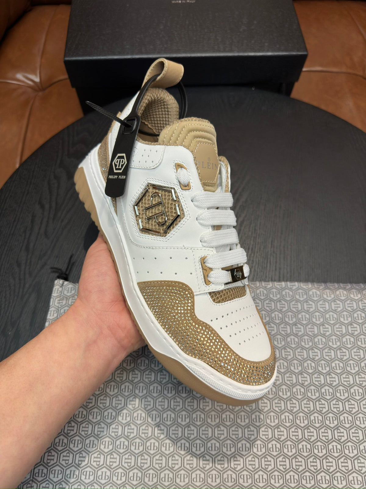 Philipp Plein White & Champagne Gold Sneakers | Sparkling Trim & Statement Emblem