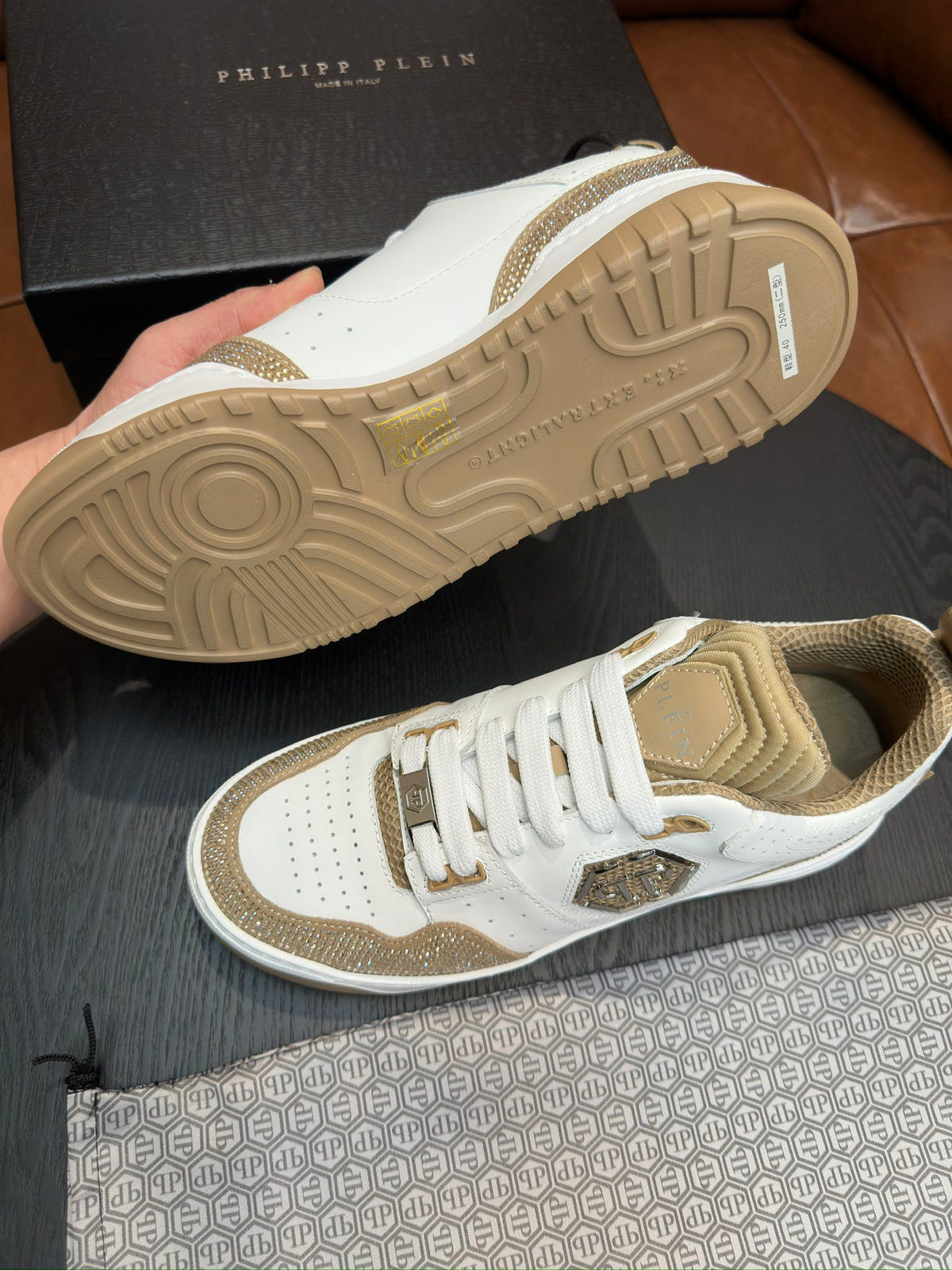 Philipp Plein White & Champagne Gold Sneakers | Sparkling Trim & Statement Emblem