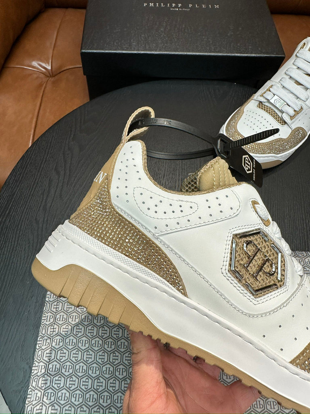 Philipp Plein White & Champagne Gold Sneakers | Sparkling Trim & Statement Emblem
