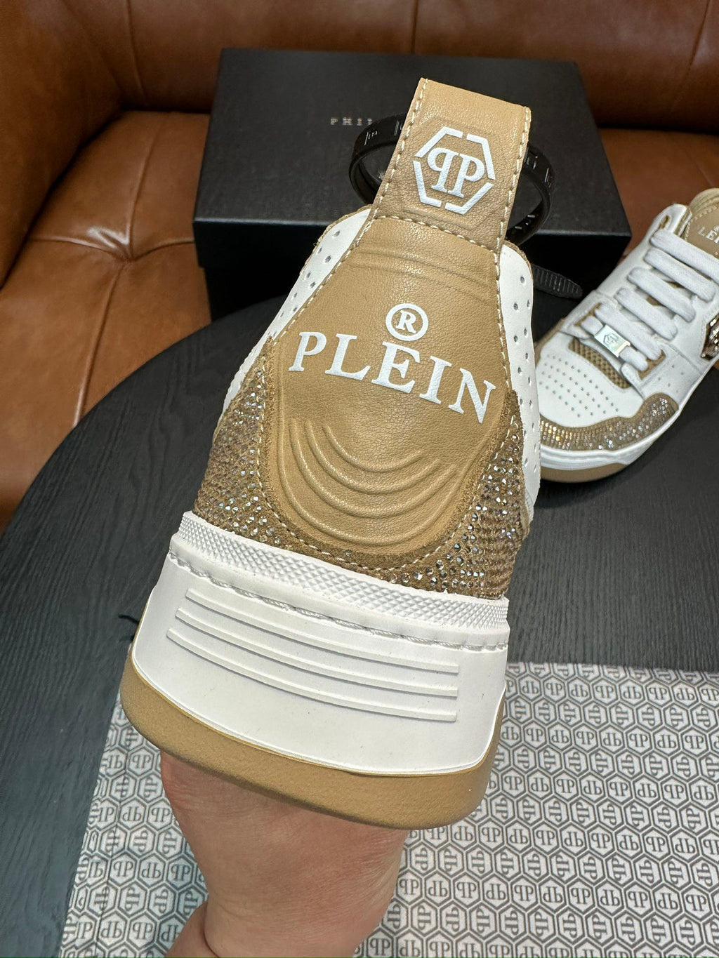Philipp Plein White & Champagne Gold Sneakers | Sparkling Trim & Statement Emblem