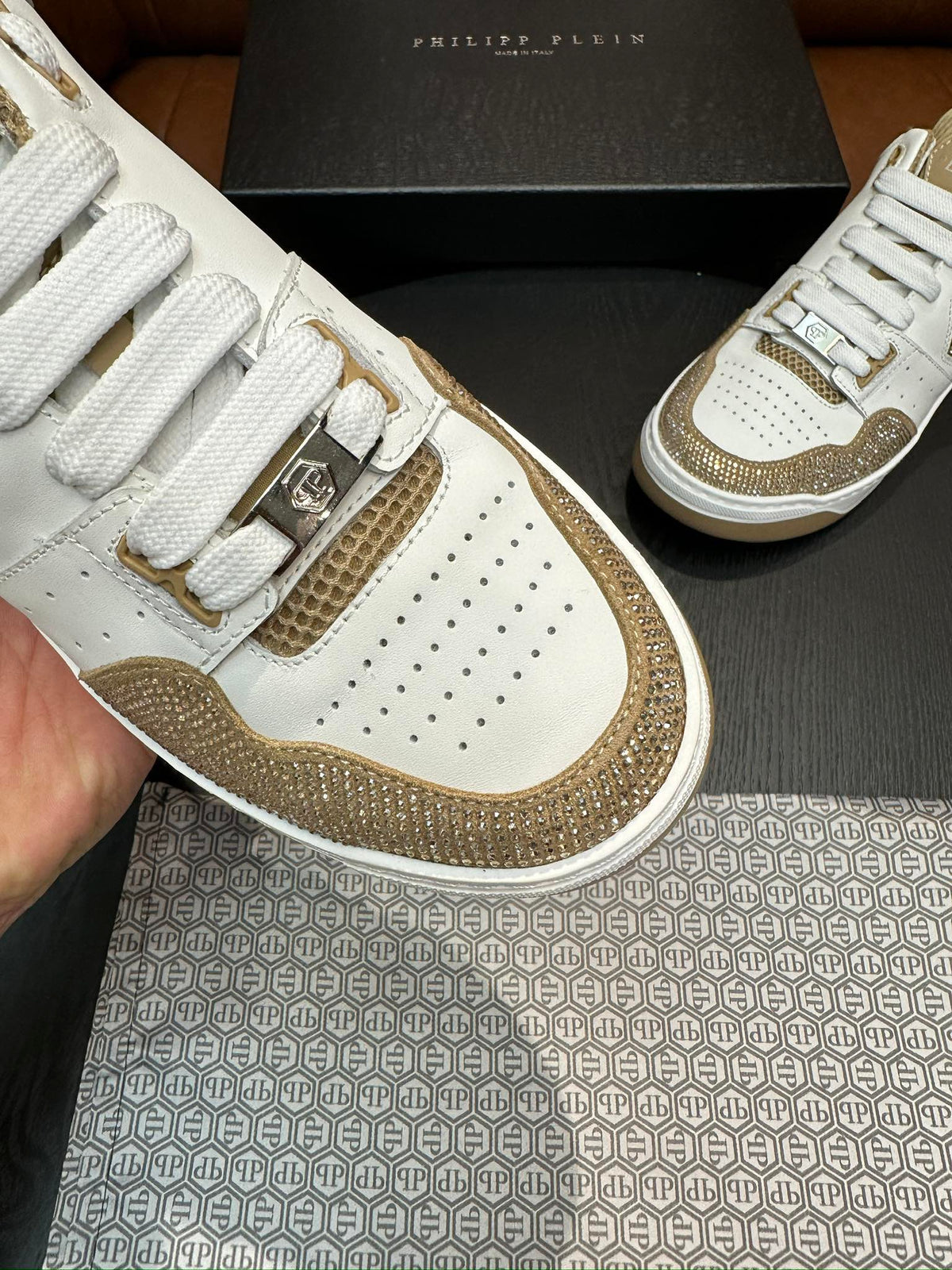 Philipp Plein White & Champagne Gold Sneakers | Sparkling Trim & Statement Emblem