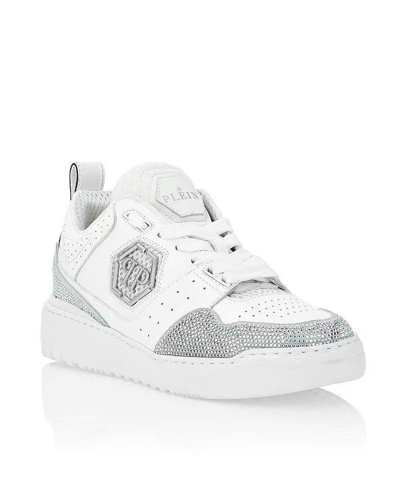 Philipp Plein White & Silver Sneakers | Sparkling Accents & Statement Side Emblem
