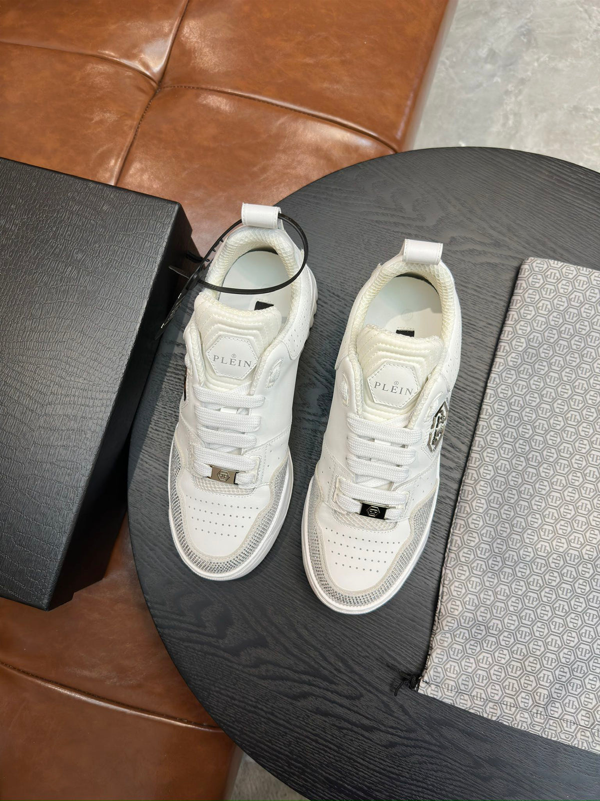 Philipp Plein White & Silver Sneakers | Sparkling Accents & Statement Side Emblem