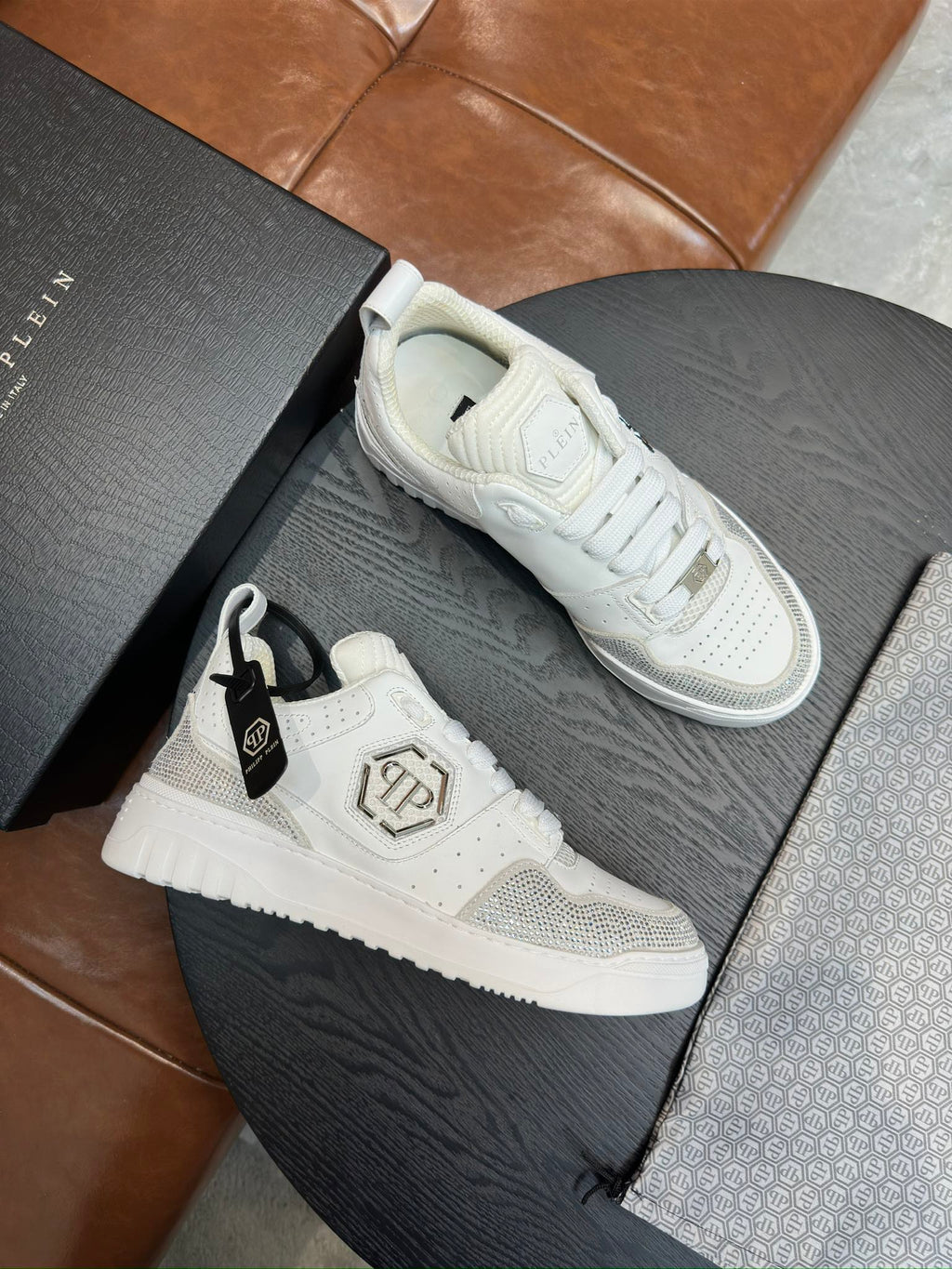 Philipp Plein White & Silver Sneakers | Sparkling Accents & Statement Side Emblem