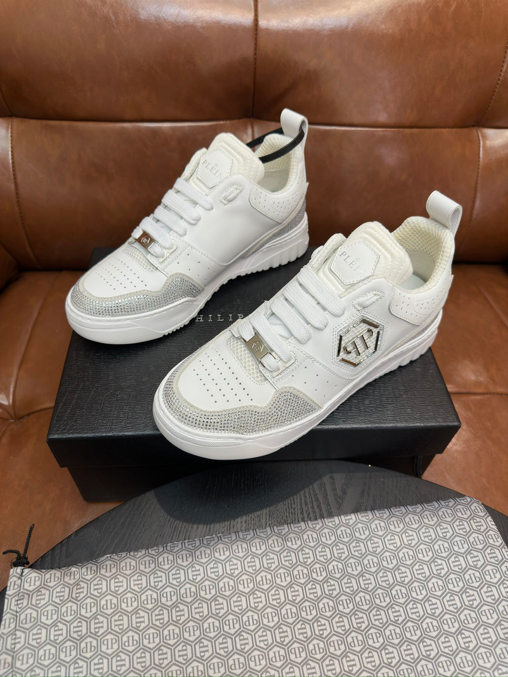 Philipp Plein White & Silver Sneakers | Sparkling Accents & Statement Side Emblem