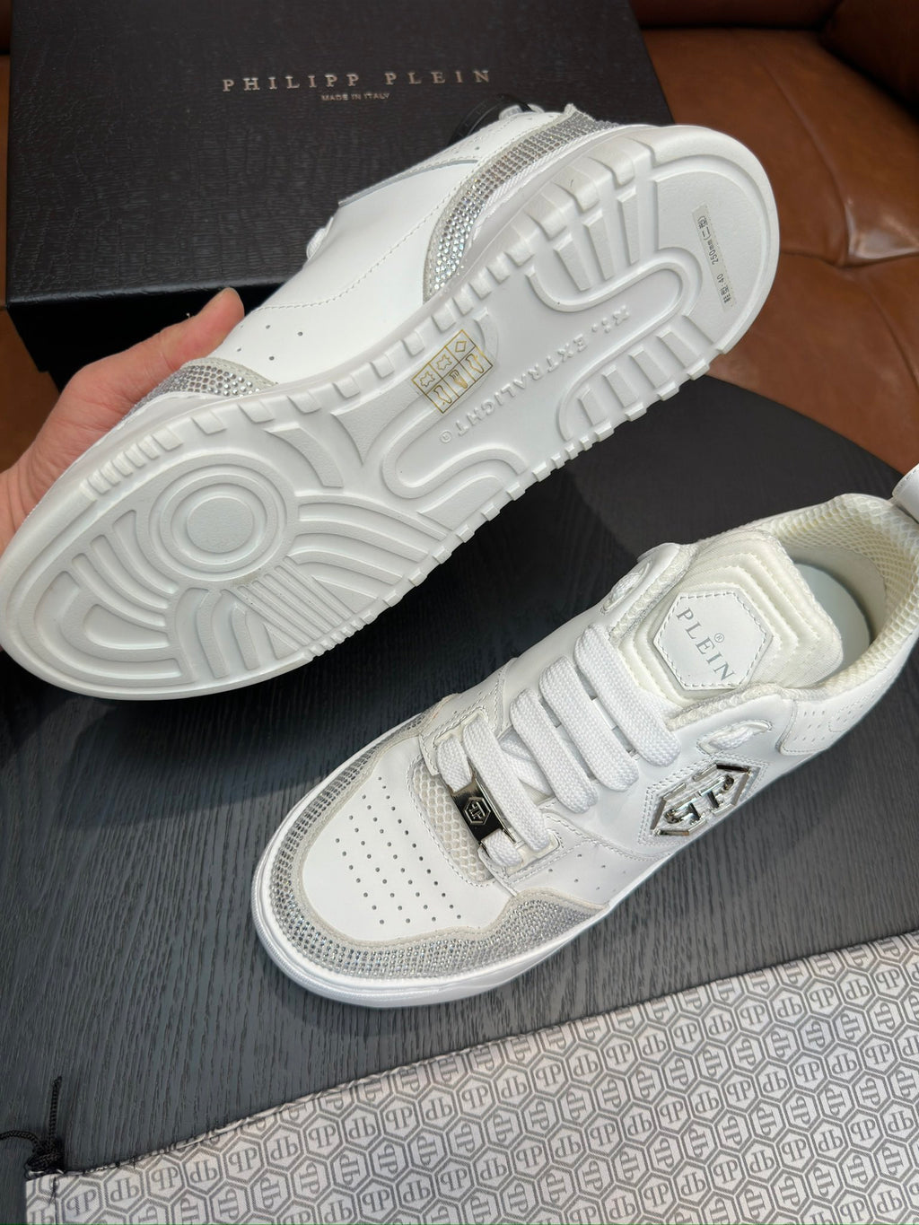 Philipp Plein White & Silver Sneakers | Sparkling Accents & Statement Side Emblem