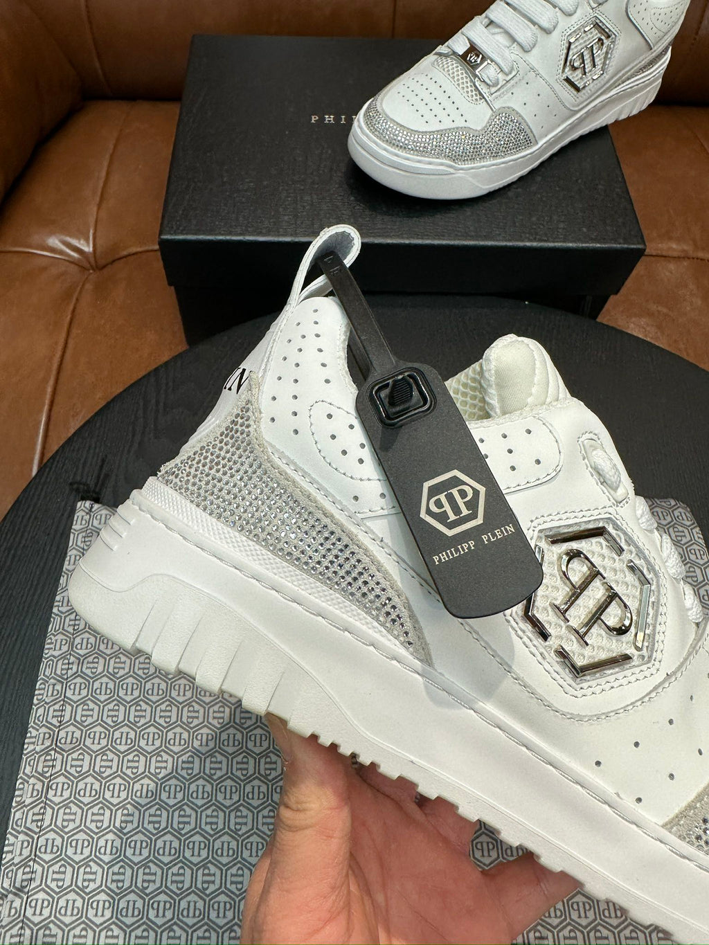Philipp Plein White & Silver Sneakers | Sparkling Accents & Statement Side Emblem