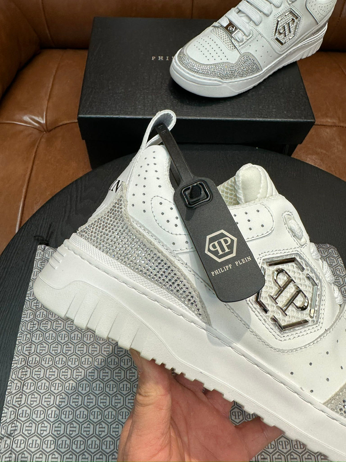Philipp Plein White & Silver Sneakers | Sparkling Accents & Statement Side Emblem