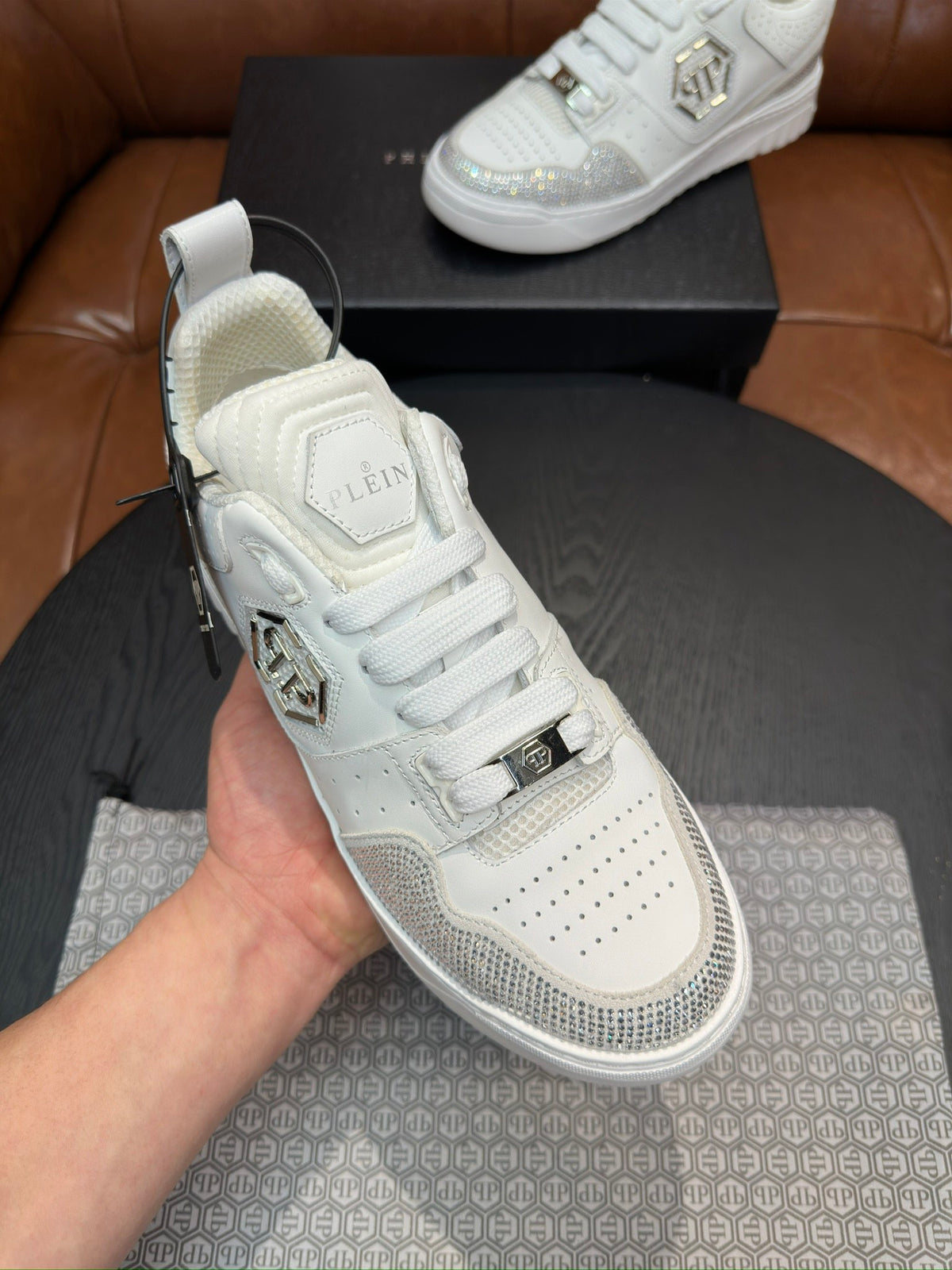 Philipp Plein White & Silver Sneakers | Sparkling Accents & Statement Side Emblem