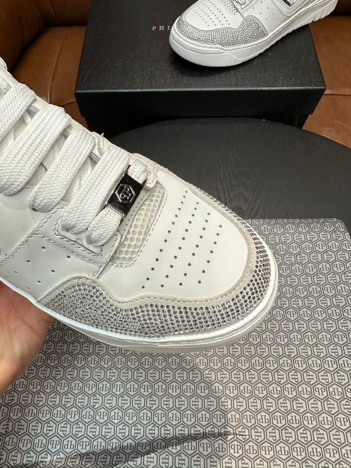 Philipp Plein White & Silver Sneakers | Sparkling Accents & Statement Side Emblem