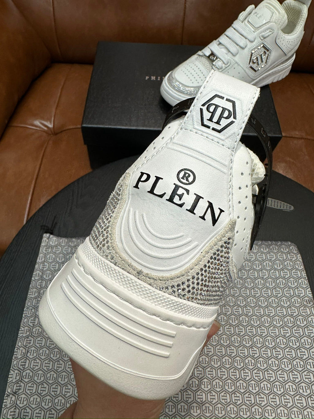 Philipp Plein White & Silver Sneakers | Sparkling Accents & Statement Side Emblem